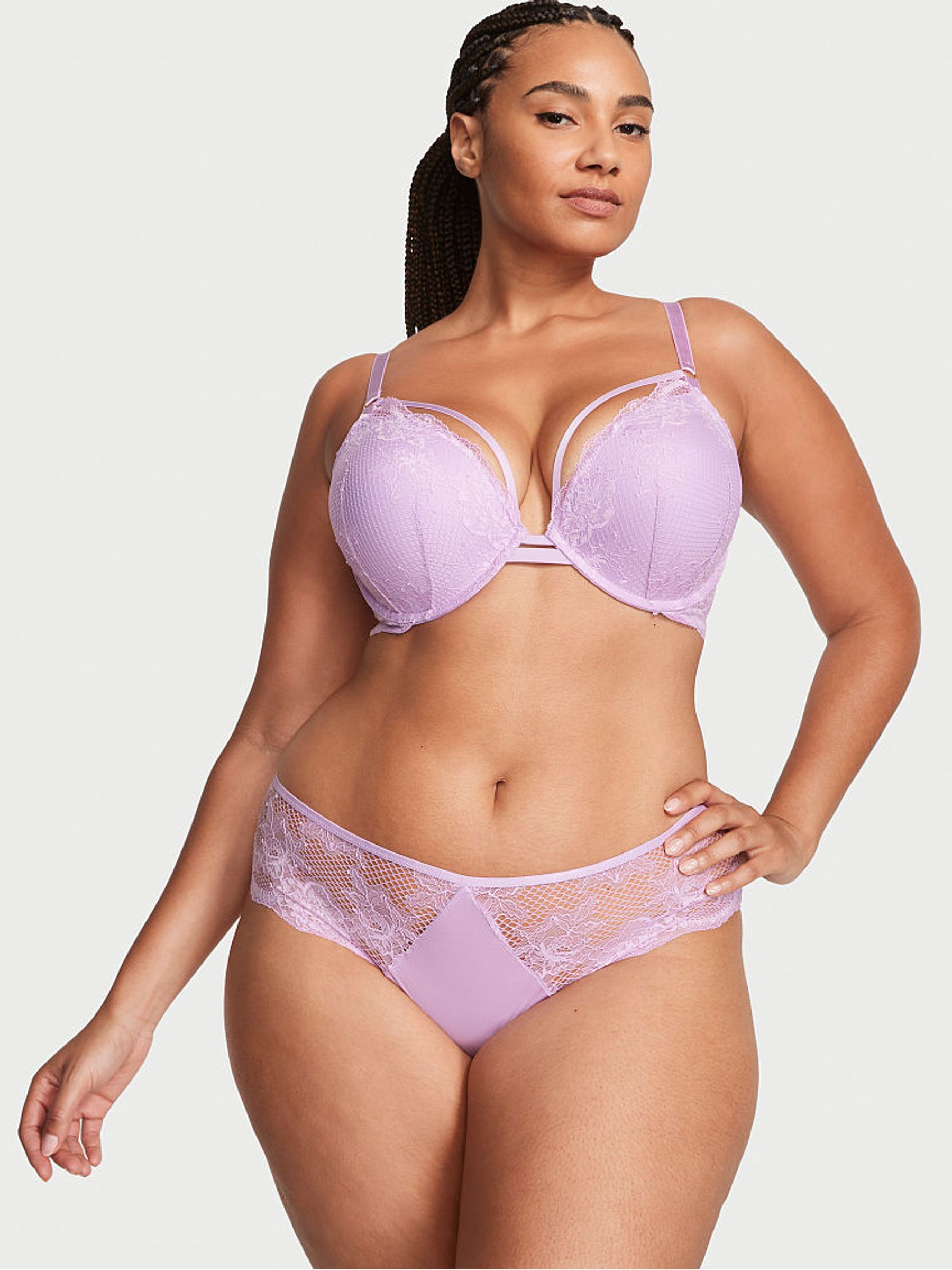 Silky Lilac Purple Fishnet Lace Plunge Push Up Bra - Image 3 of 4