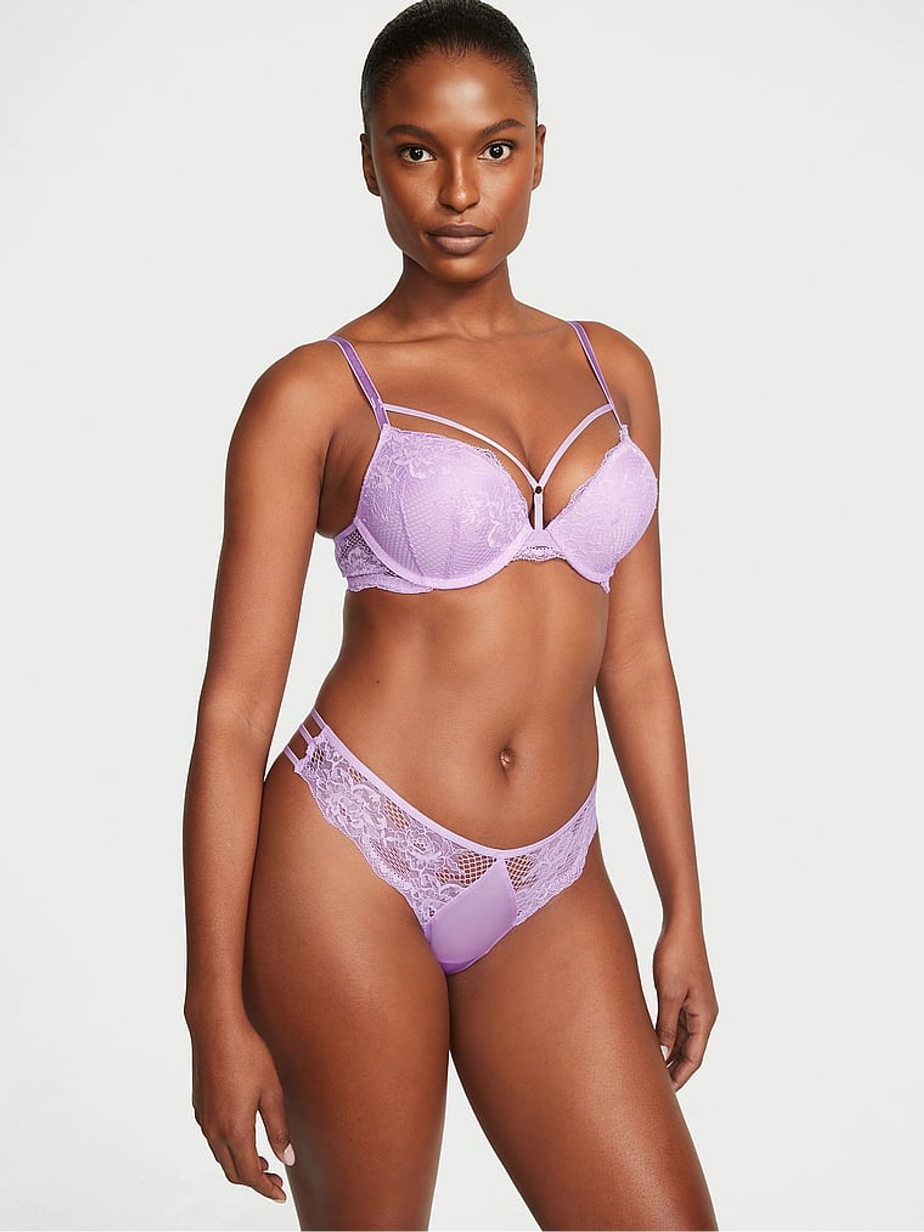 Lilac Purple Fishnet Lace Plunge Add 2 Cups Bombshell Bra - Image 3 of 4