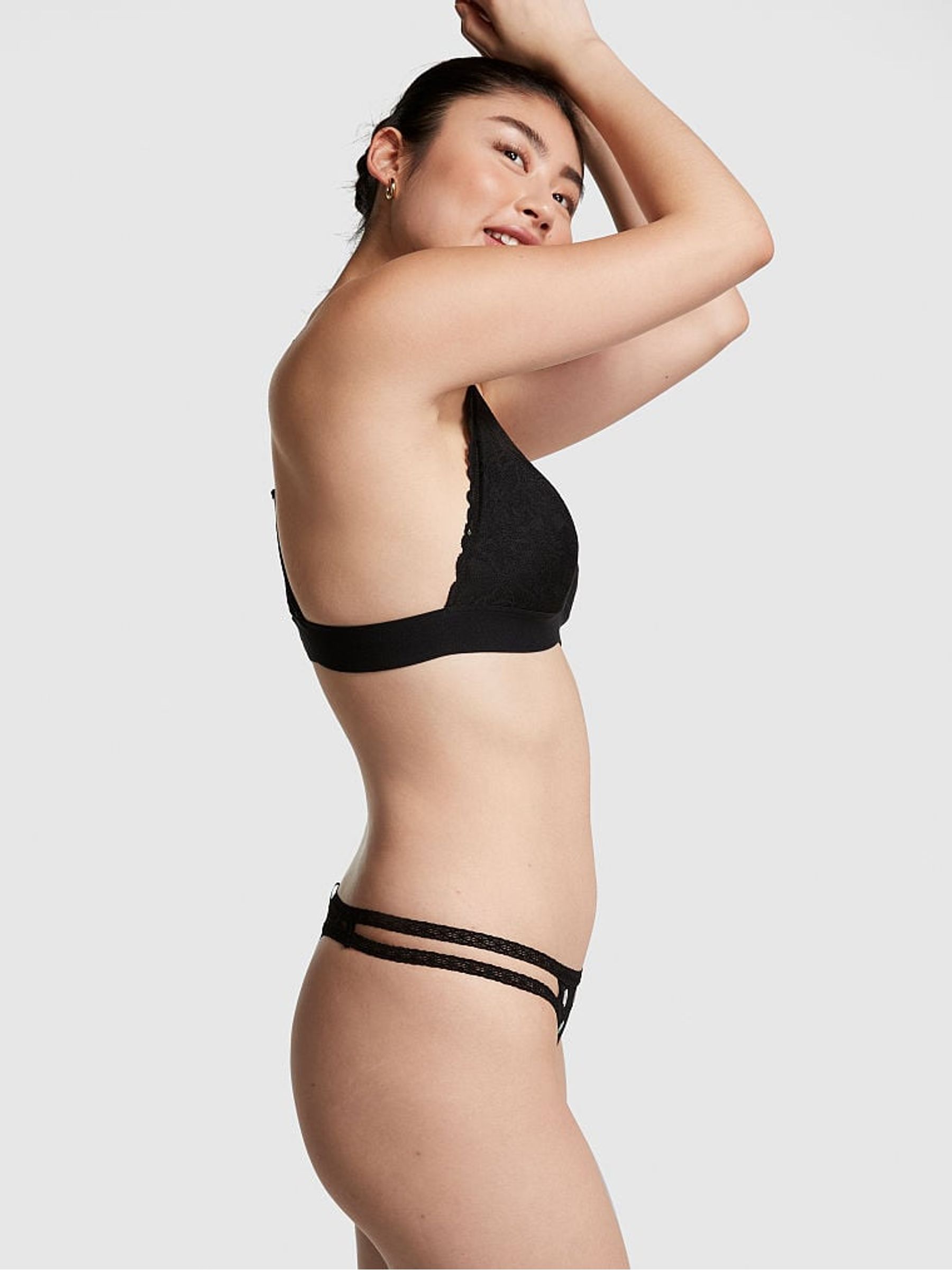 Pure Black Embroidery Strappy Lace Thong Knickers - Image 2 of 3