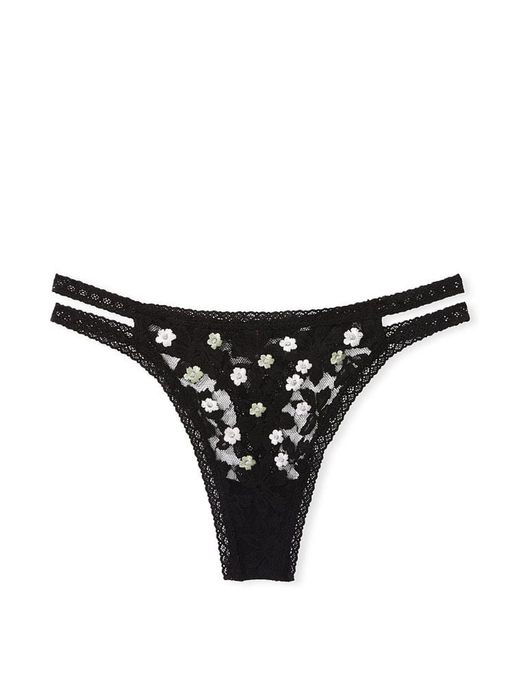 Pure Black Embroidery Strappy Lace Thong Knickers - Image 3 of 3
