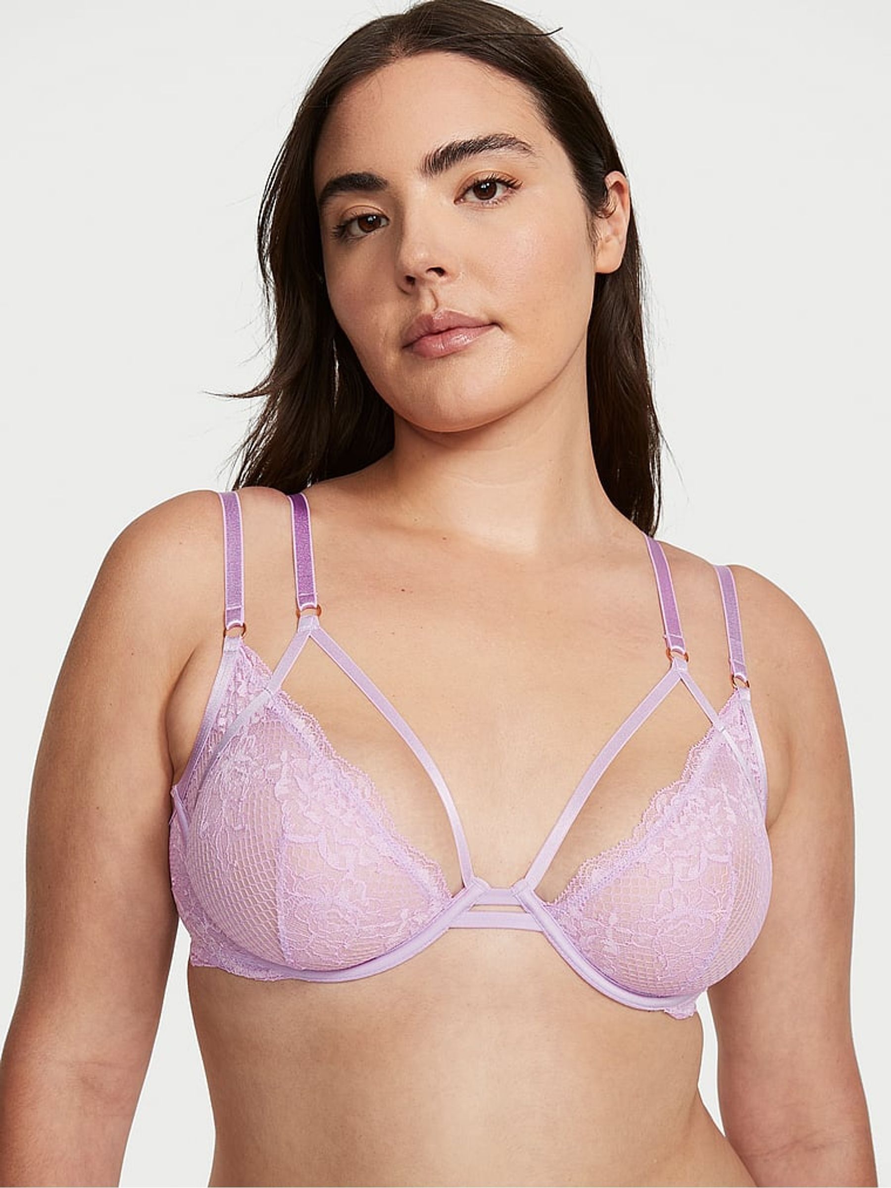 Silky Lilac Purple Fishnet Lace Low Cut Demi Bra - Image 1 of 4
