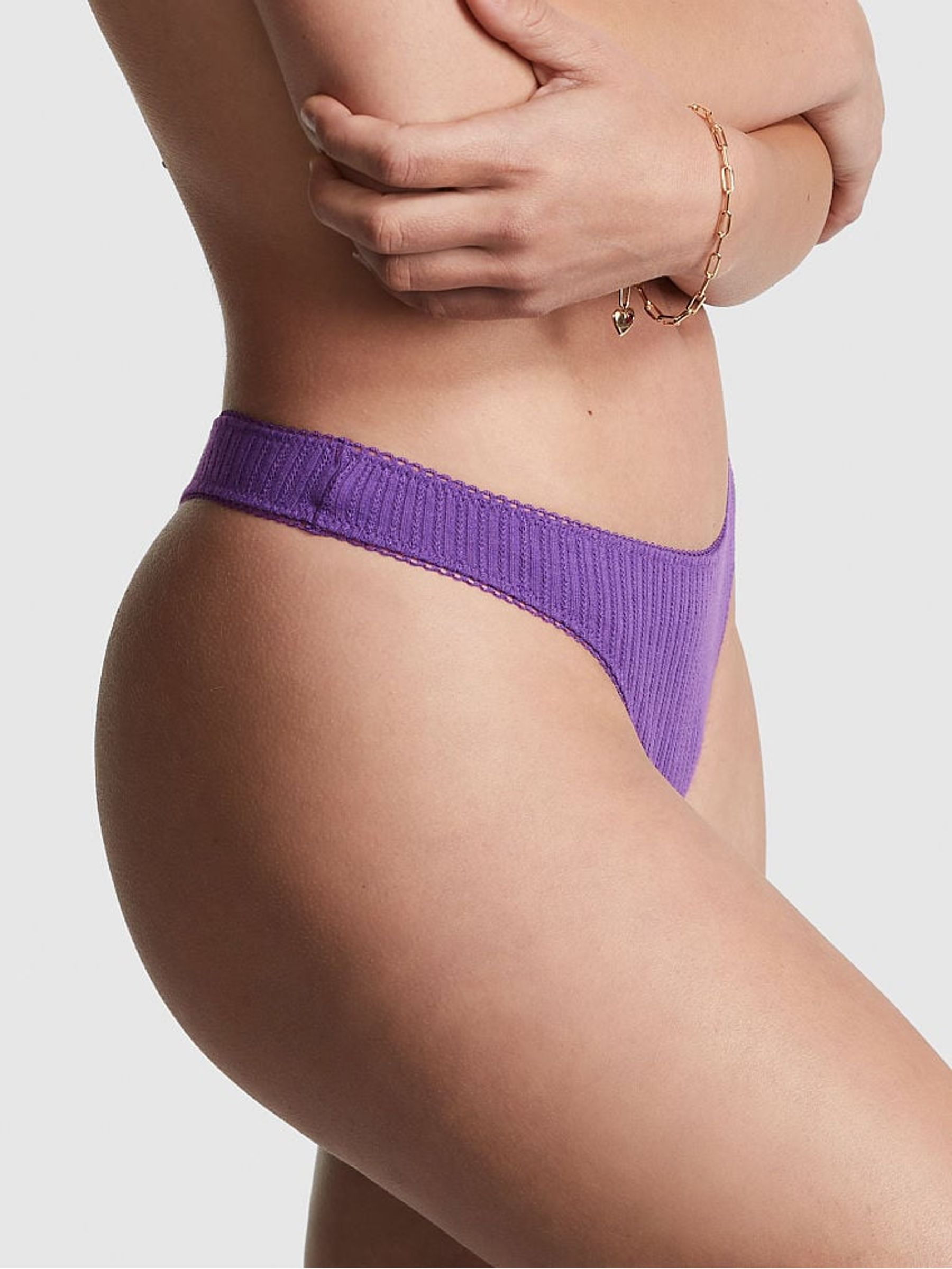 Dark Purple Pointelle Cotton Thong Knickers - Image 2 of 3