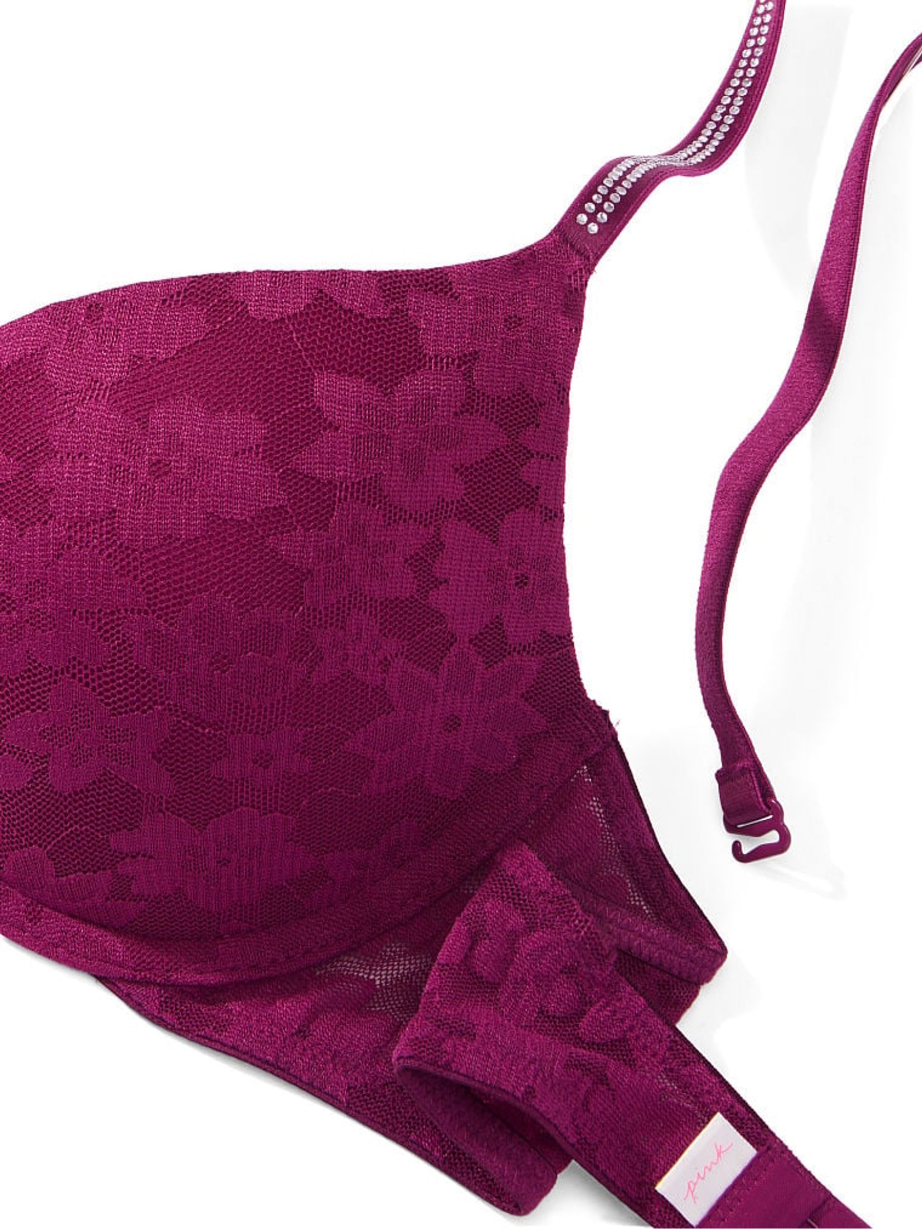 Vivid Magenta Pink Lace Shine Strap Push Up Bra - Image 2 of 2