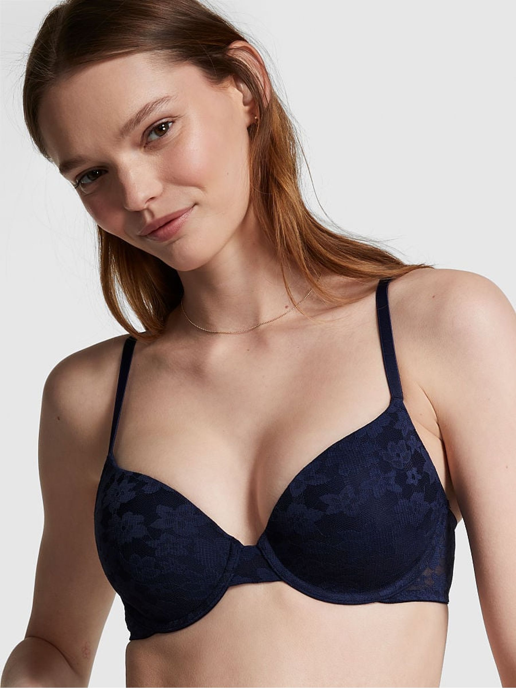 Midnight Navy Blue Floral Lace Lightly Lined Bra - Image 1 of 4