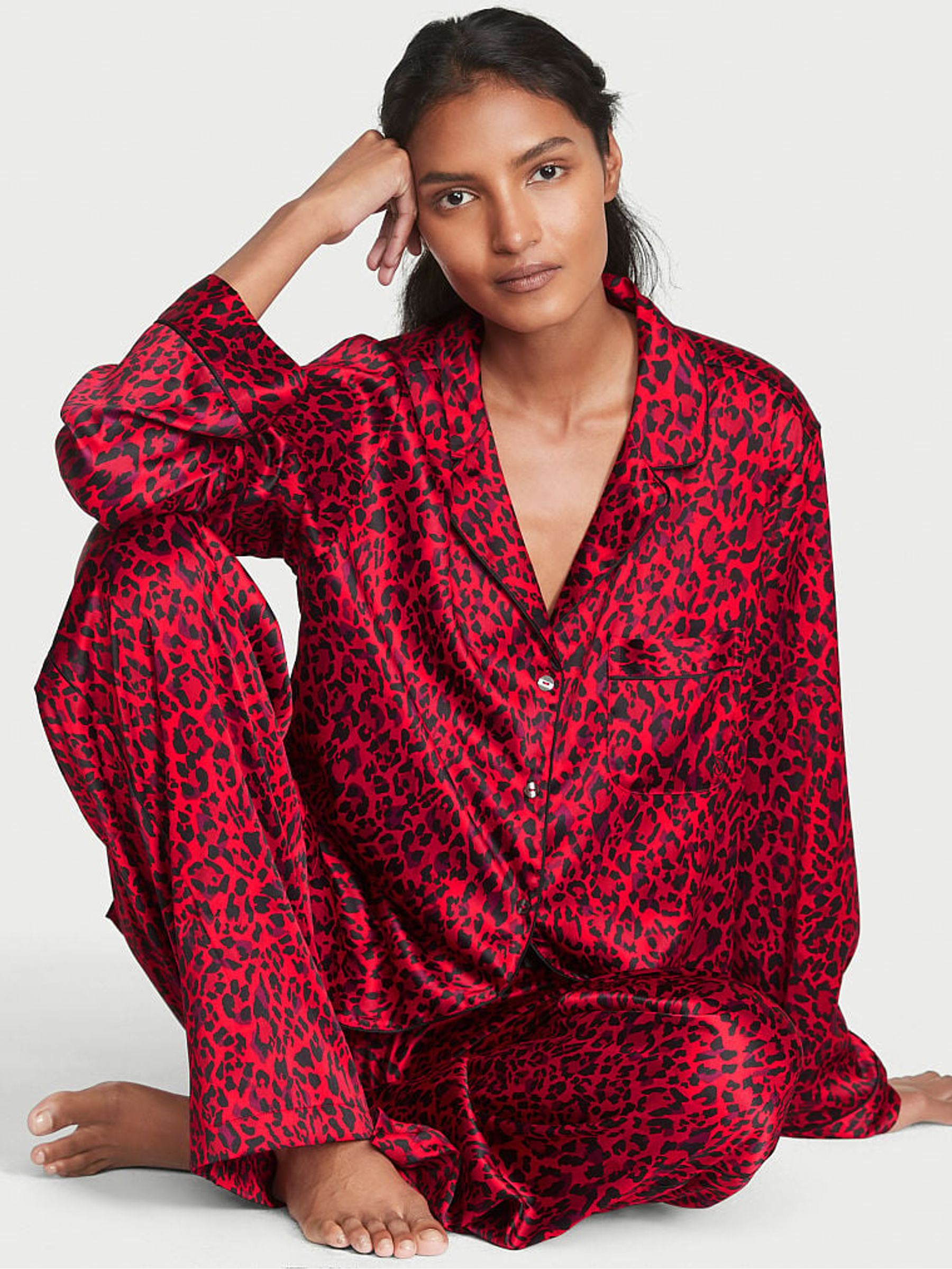 Lipstick Red Leopard Satin Long Pyjamas - Image 1 of 3