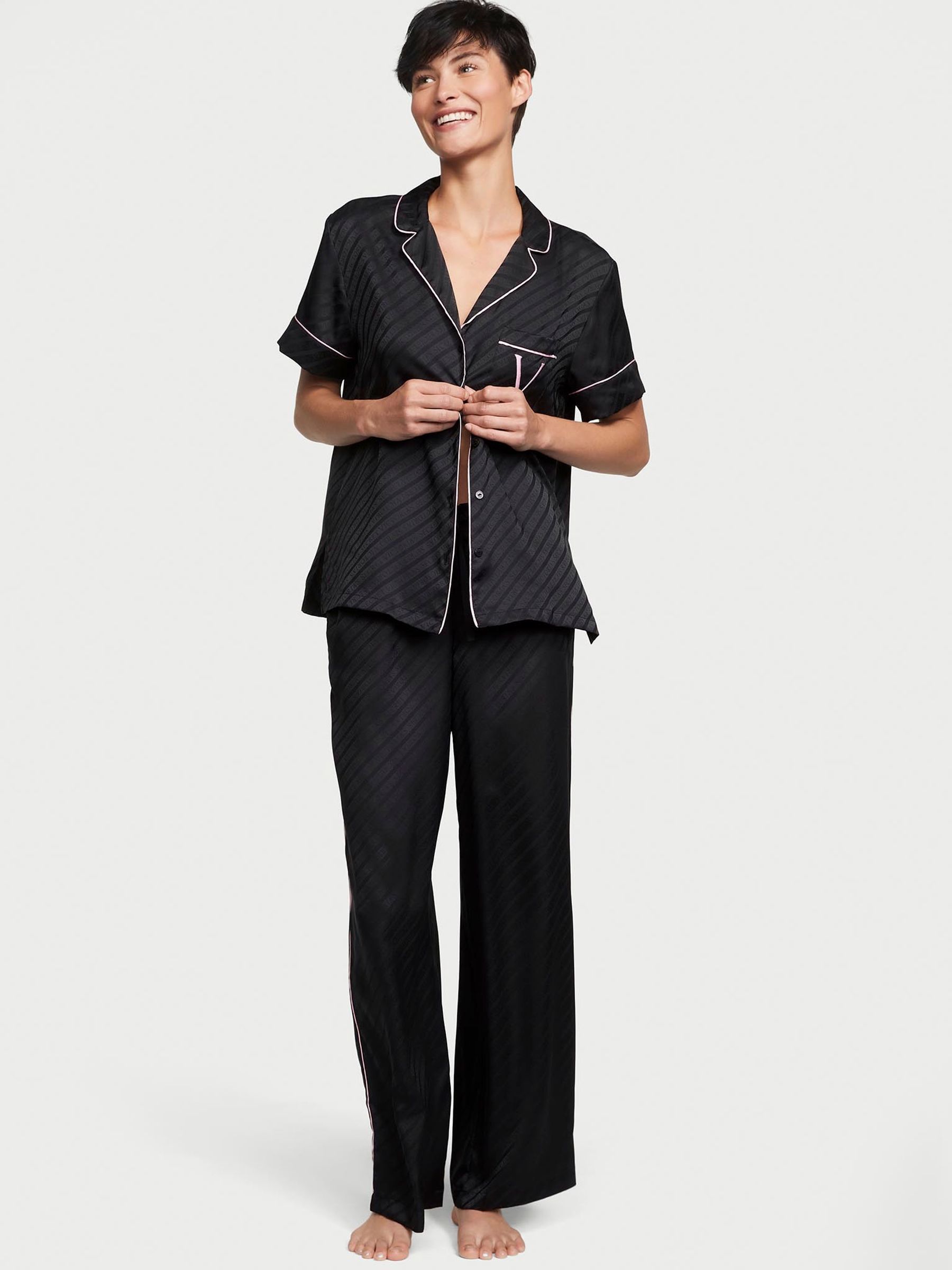 Black Short Sleeve Satin Long Pyjamas - Image 1 of 4