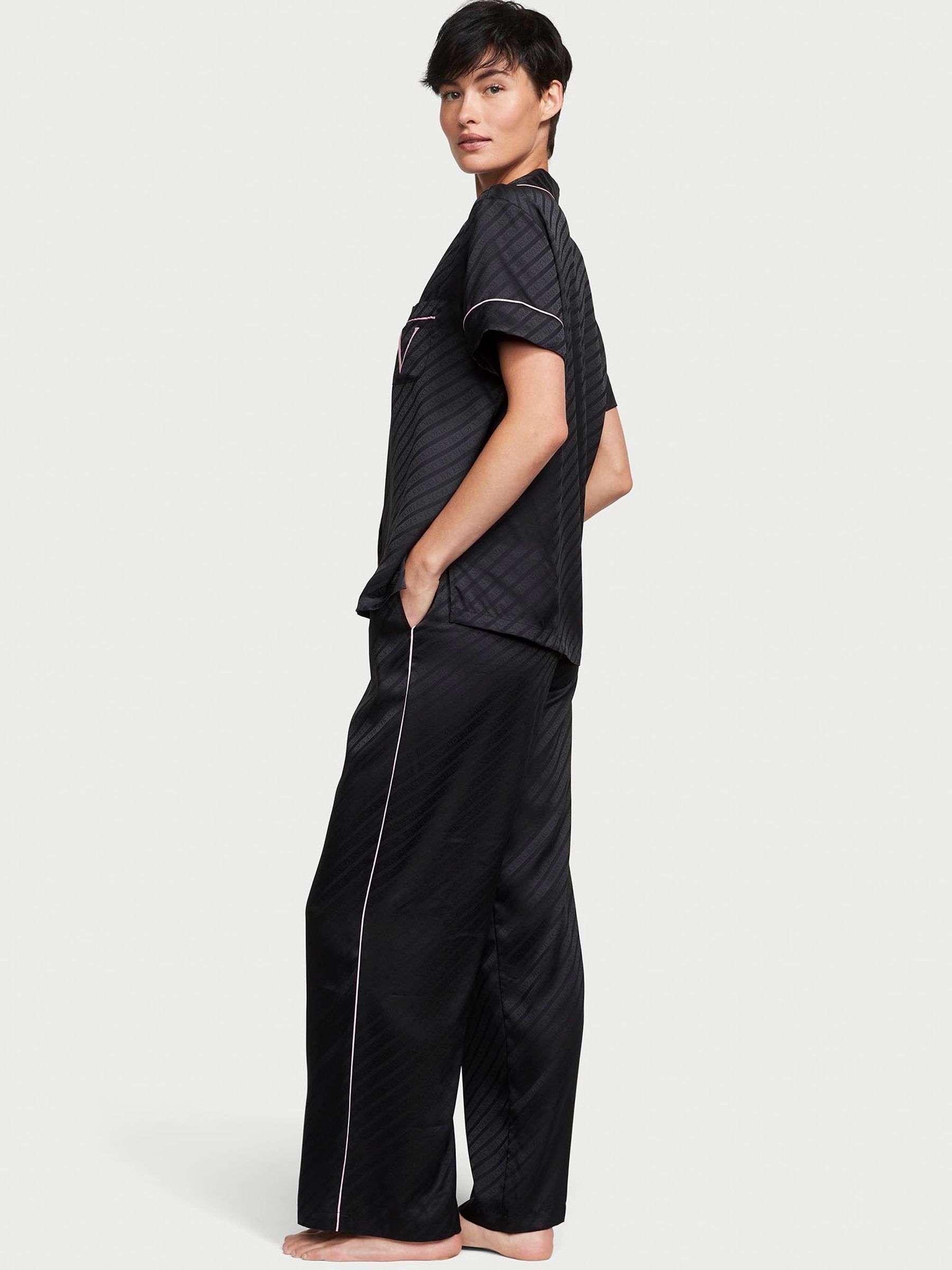 Black Short Sleeve Satin Long Pyjamas - Image 2 of 4