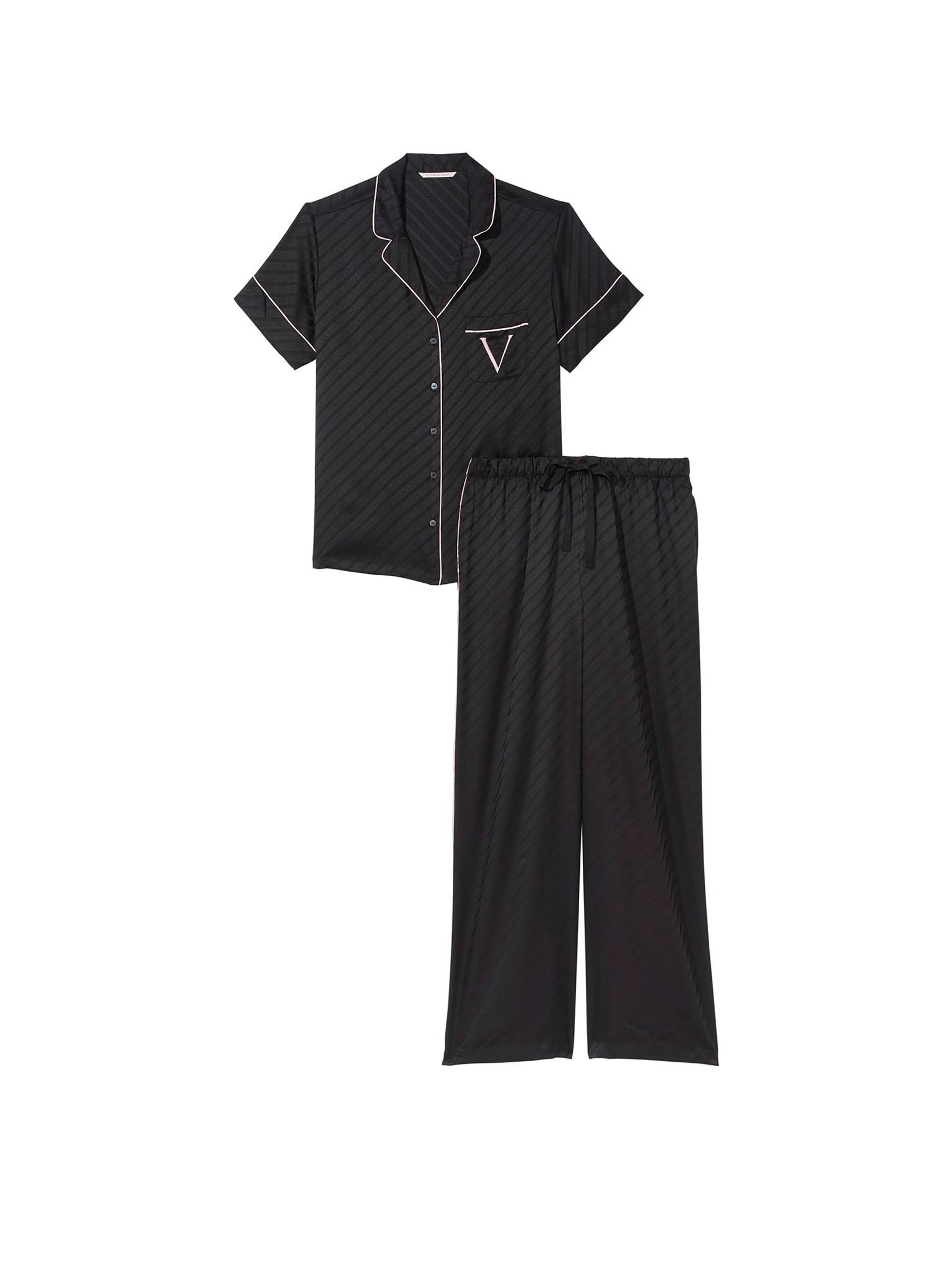 Black Short Sleeve Satin Long Pyjamas - Image 3 of 4