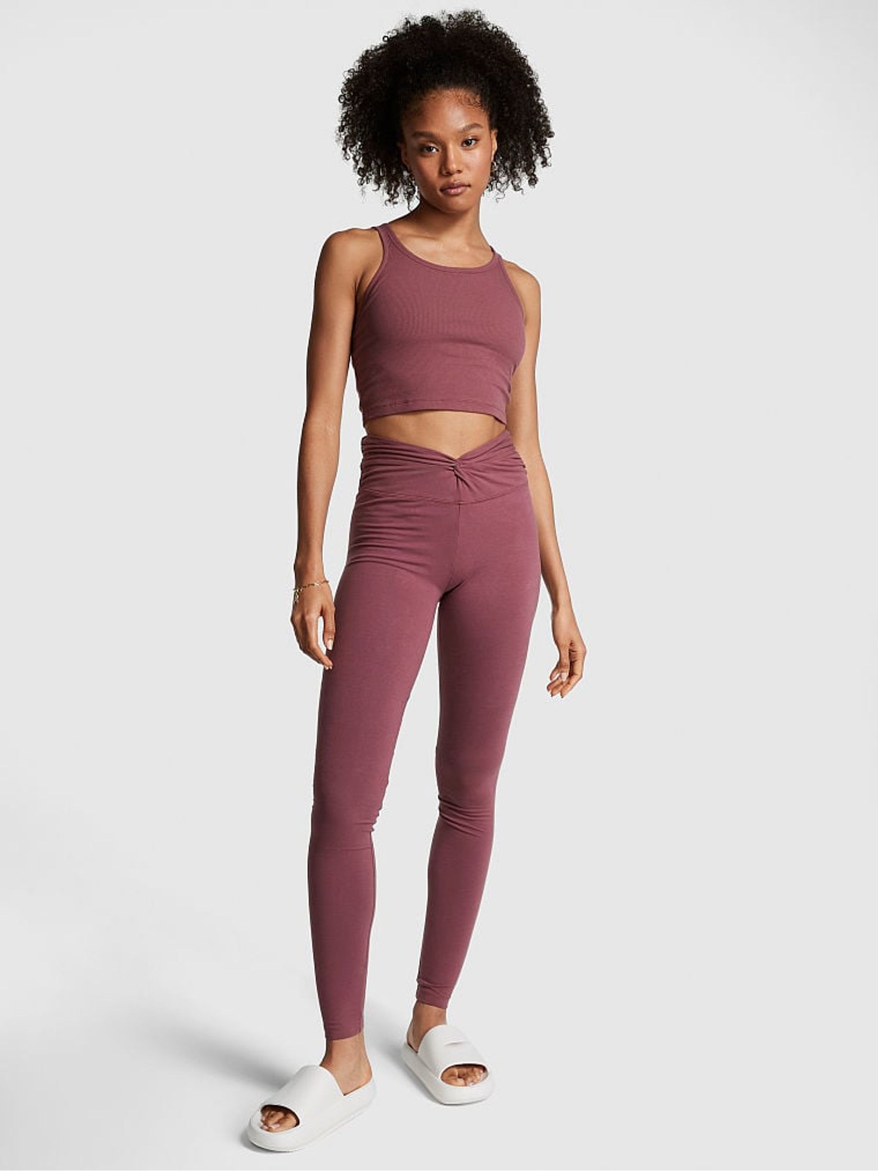 Morning Rose Pink Cotton Twist Waist Full Length Leggings - Image 1 of 3