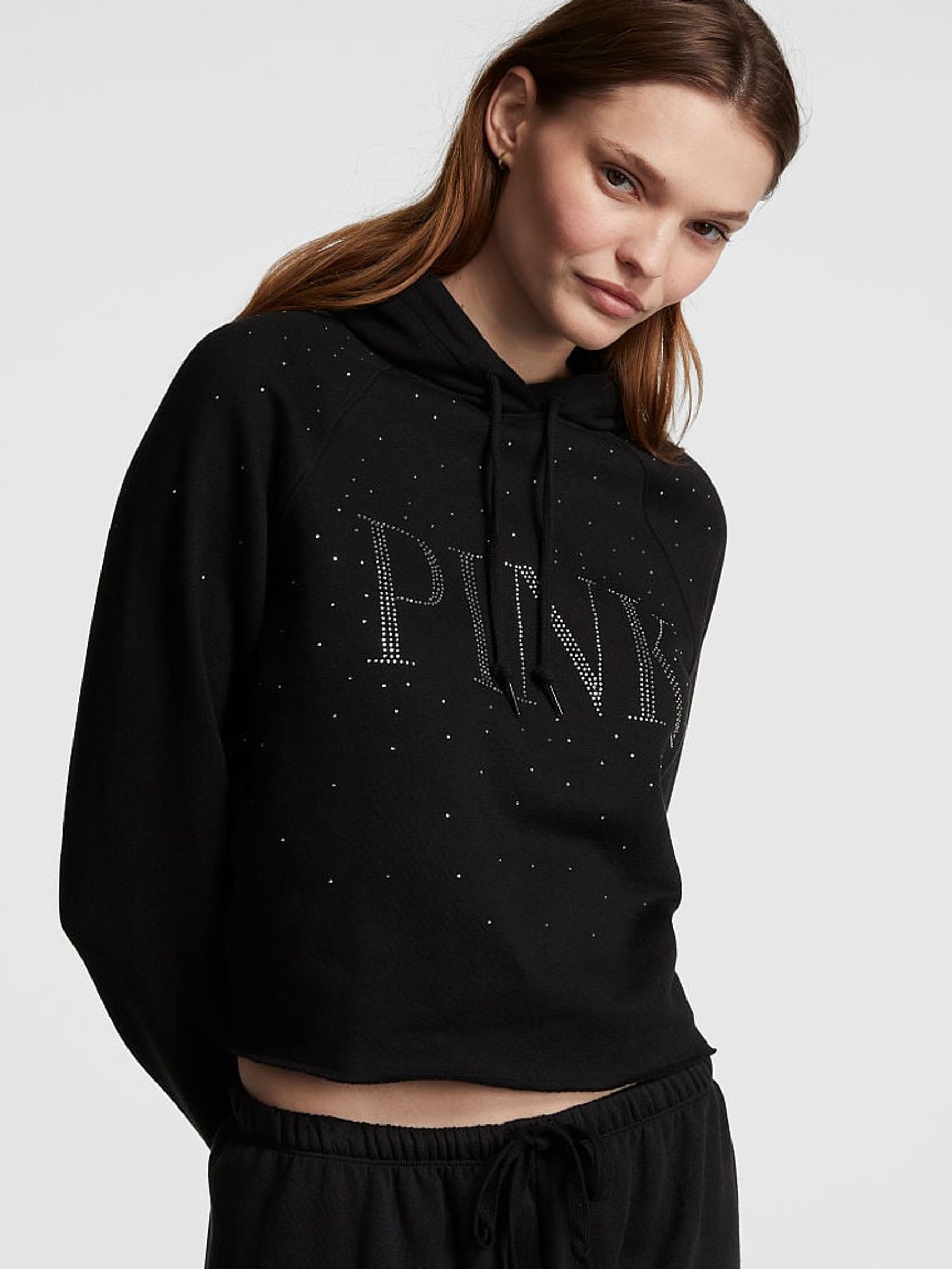 Pure Black Shine Fleece Cropped Hoodie - Image 1 of 3
