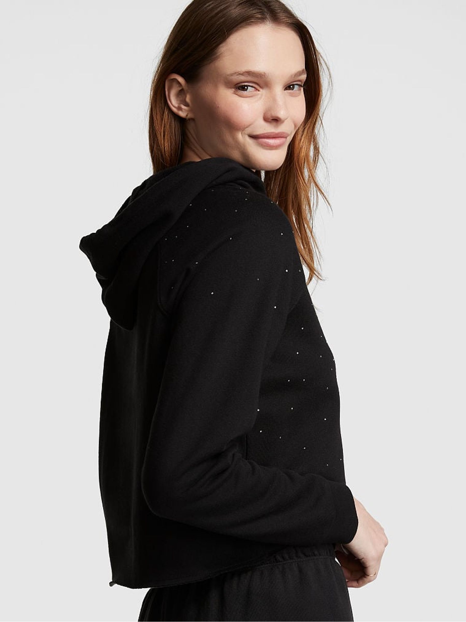 Pure Black Shine Fleece Cropped Hoodie - Image 2 of 3