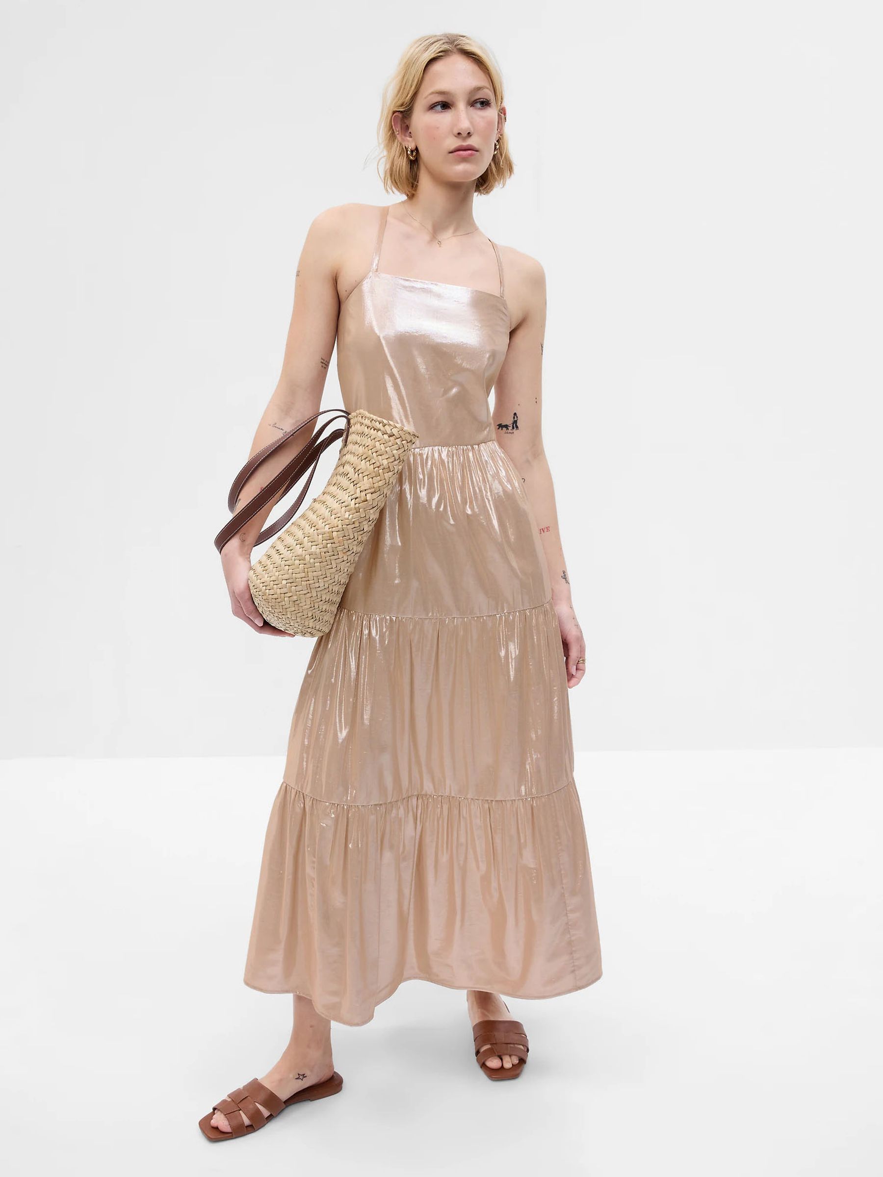Gold Metallic Tie-Back Tiered Midi Dress - Image 1 of 5