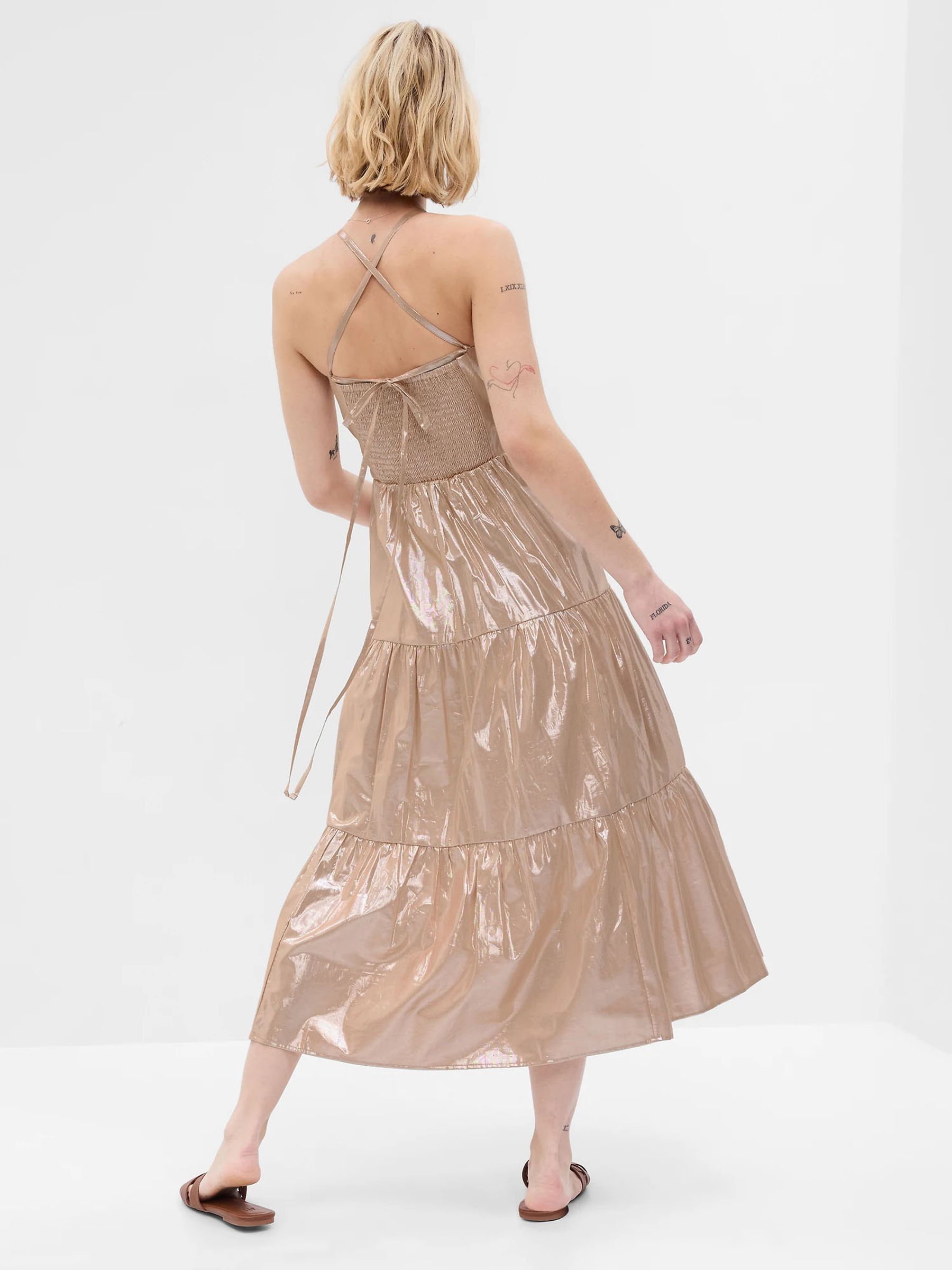 Gold Metallic Tie-Back Tiered Midi Dress - Image 2 of 5