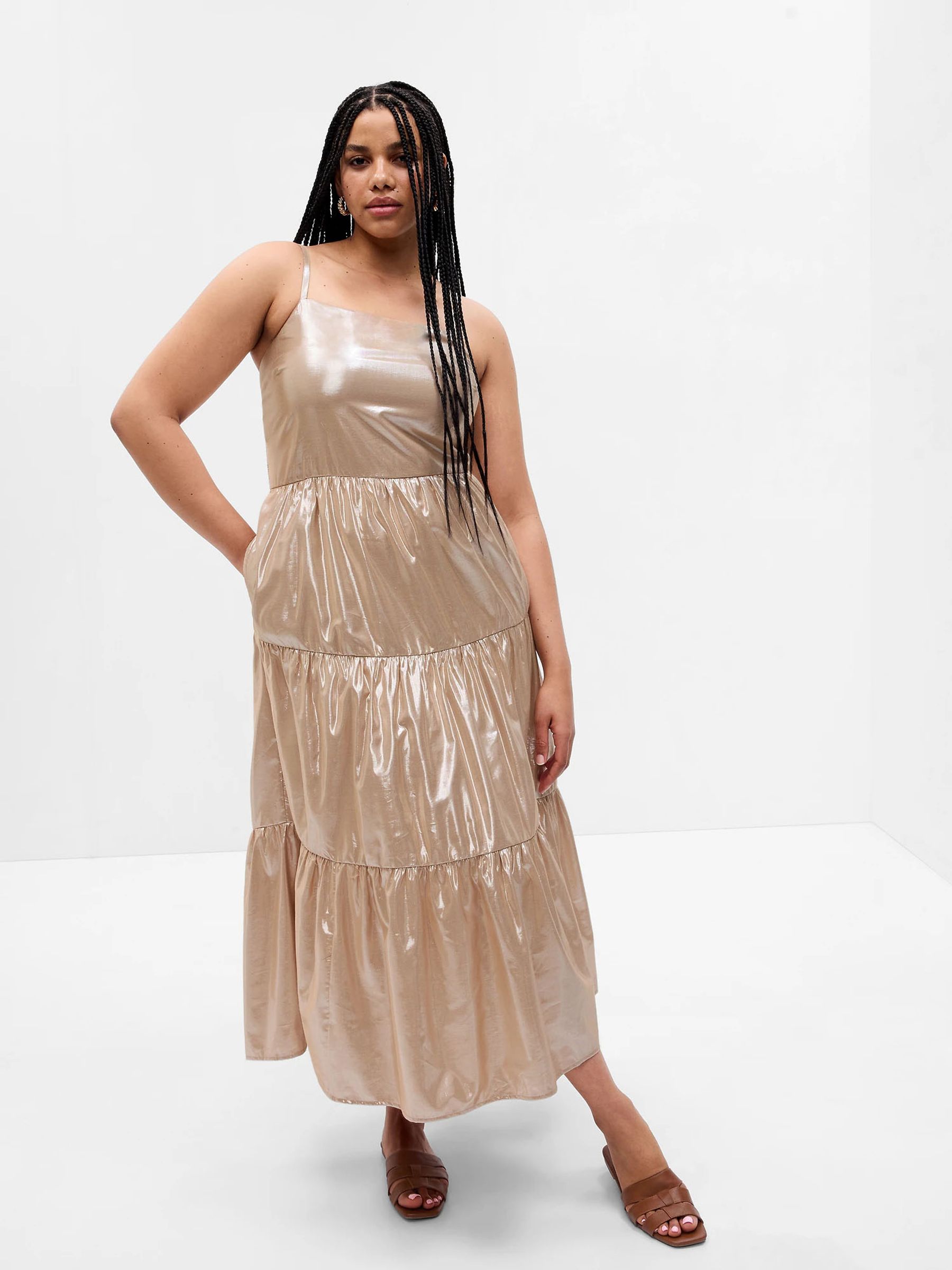 Gold Metallic Tie-Back Tiered Midi Dress - Image 4 of 5