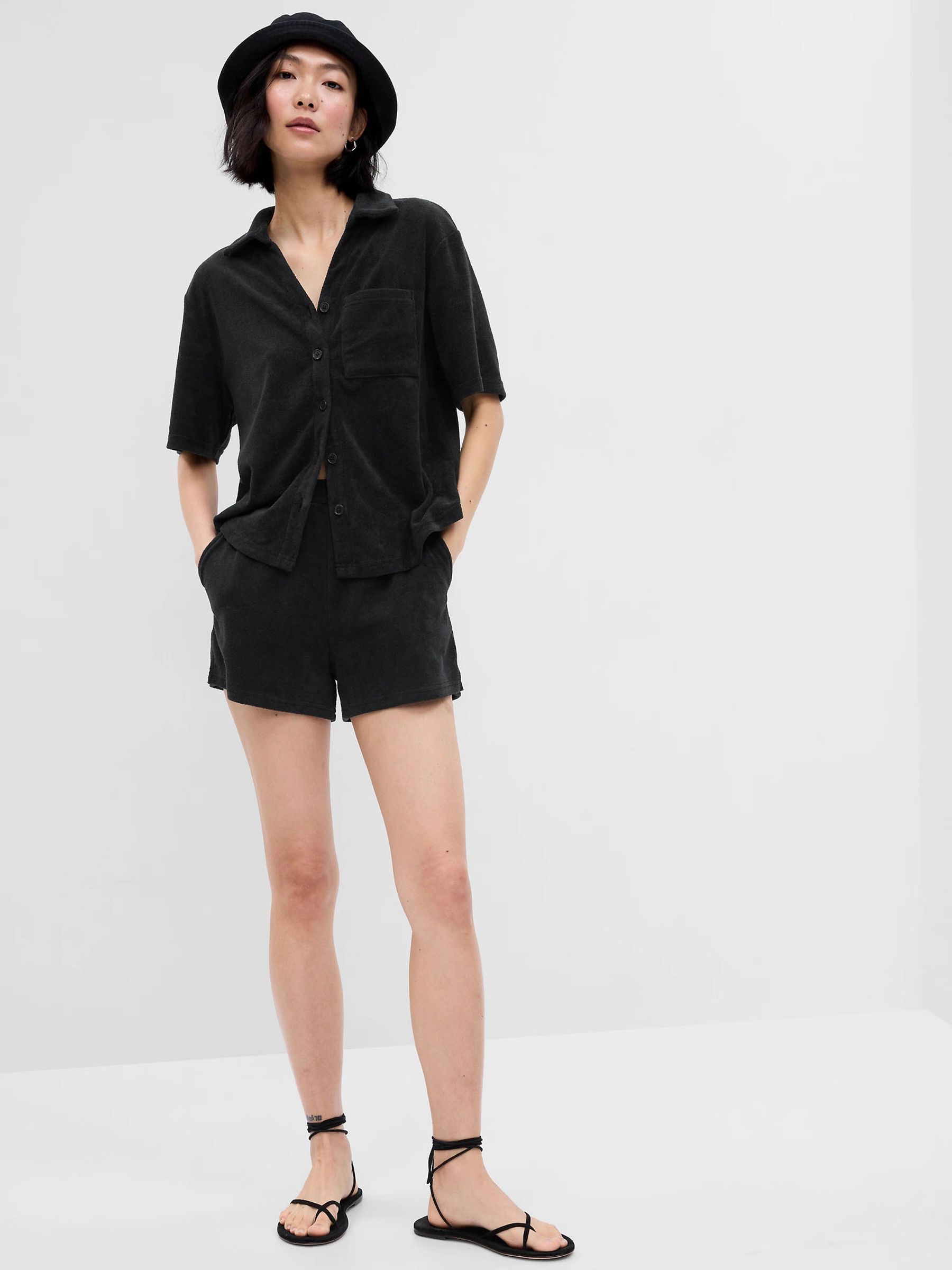 Black Loose Towel Shorts - Image 1 of 1 Black Loose Towel Shorts - Image 1 of 1