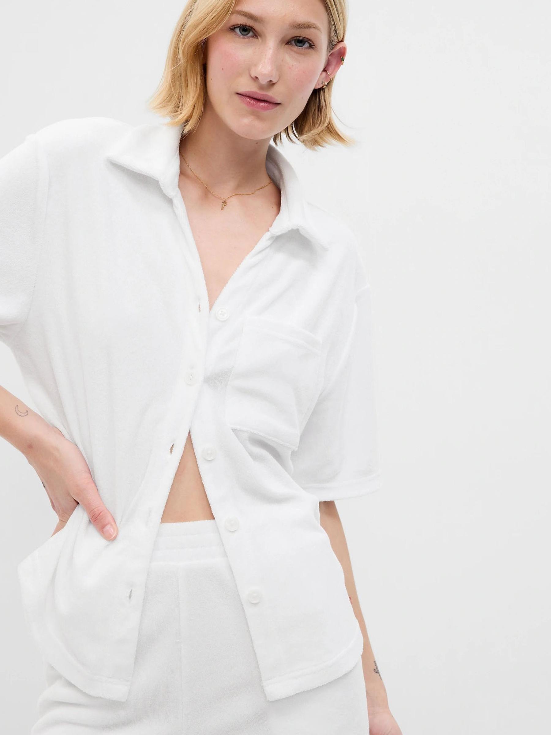 White Towelling Short Sleeve Loose Shirt - Image 1 of 2