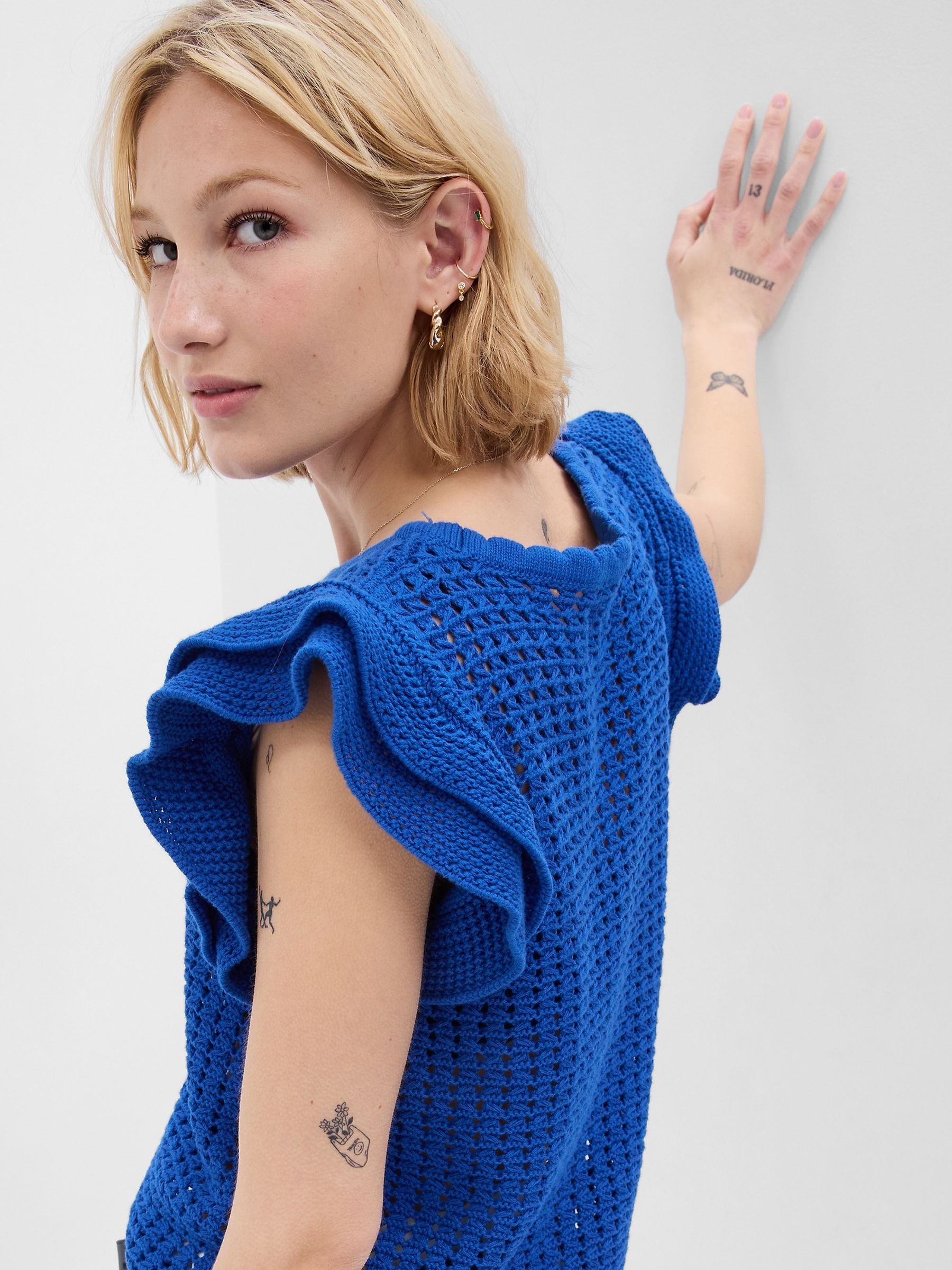 Blue Flutter Sleeve Crochet Top - Image 2 of 2