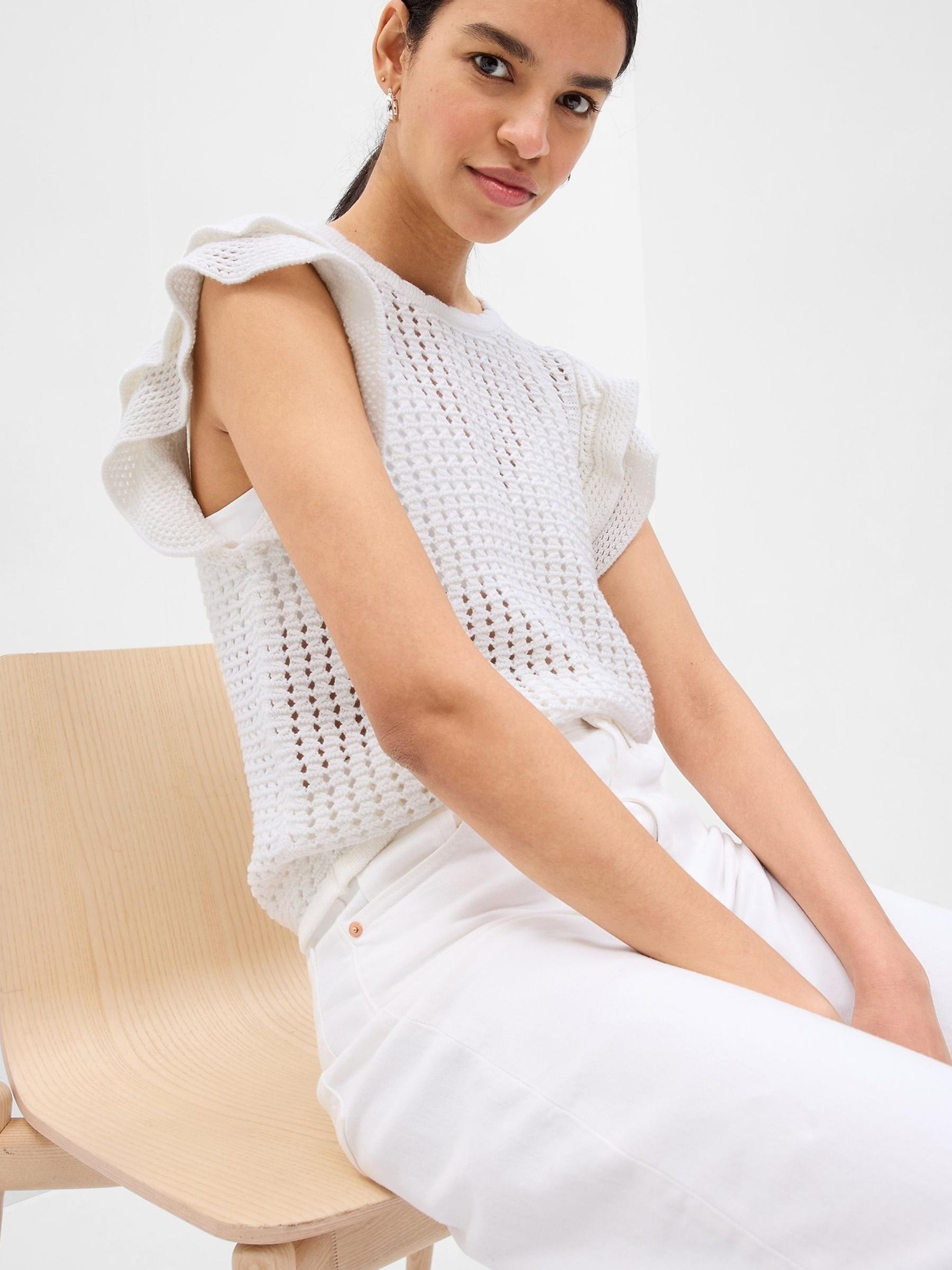 White Flutter Sleeve Crochet Top - Image 1 of 1