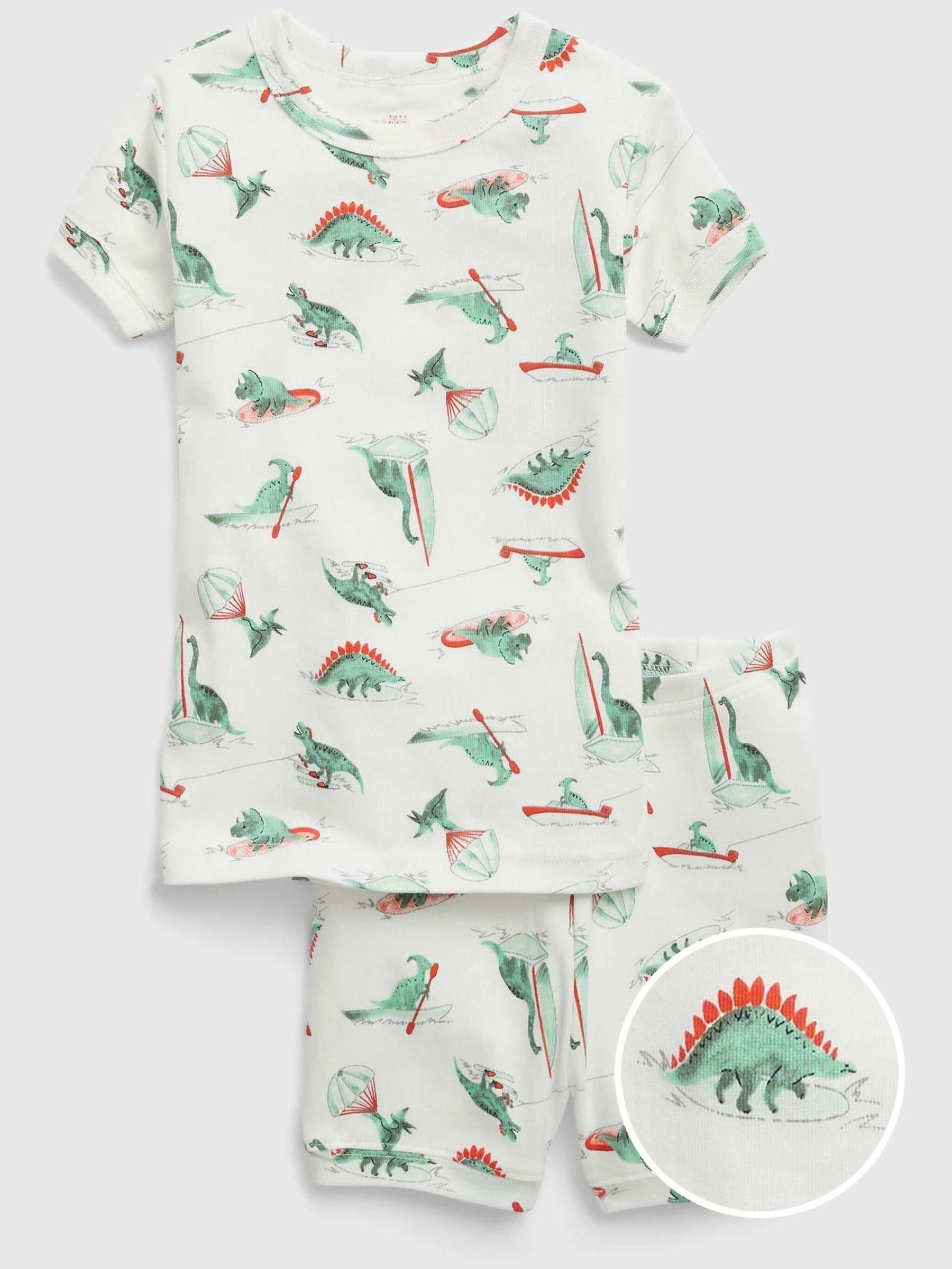 Green & White Dinosaur Print Short Sleeve Pyjama Shorts Set - Image 1 of 2