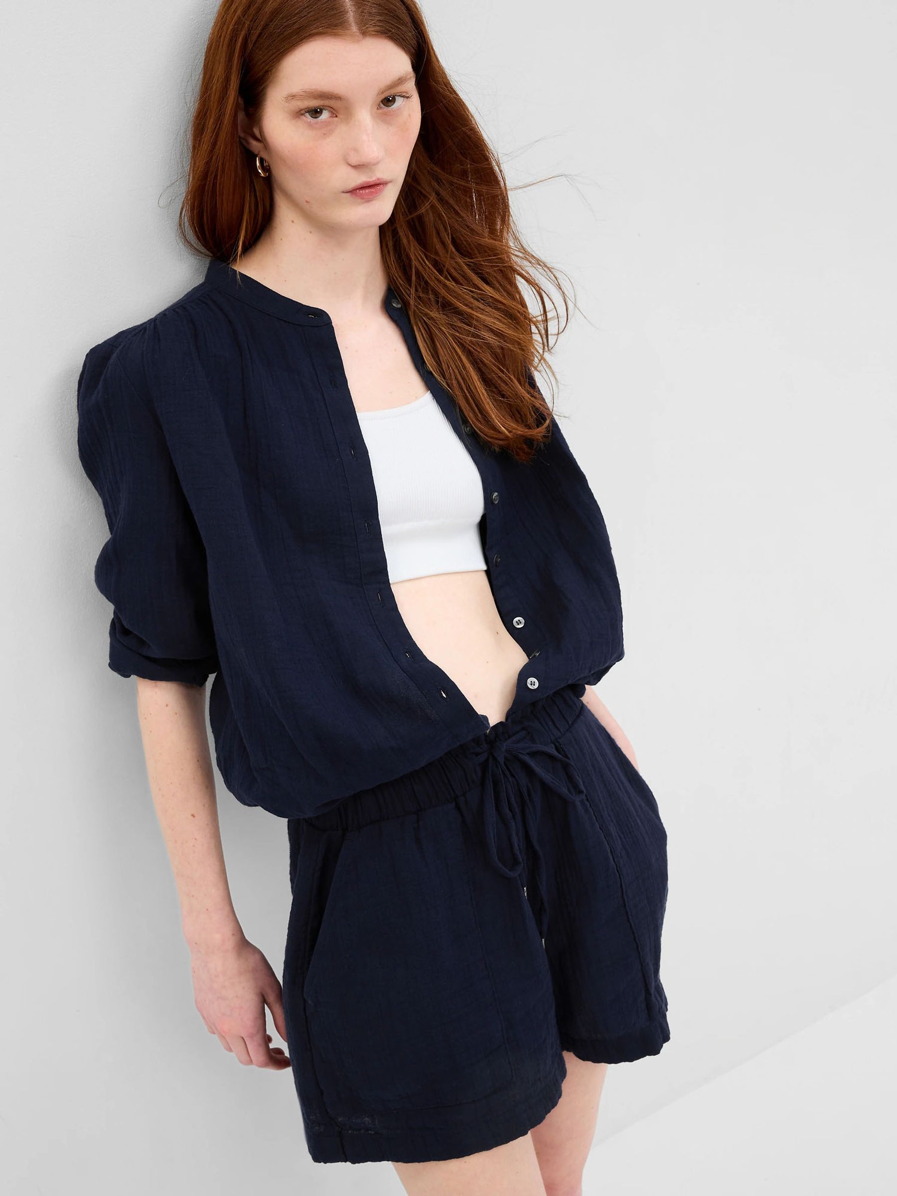 Navy Blue Crinkle Gauze Shorts - Image 3 of 4