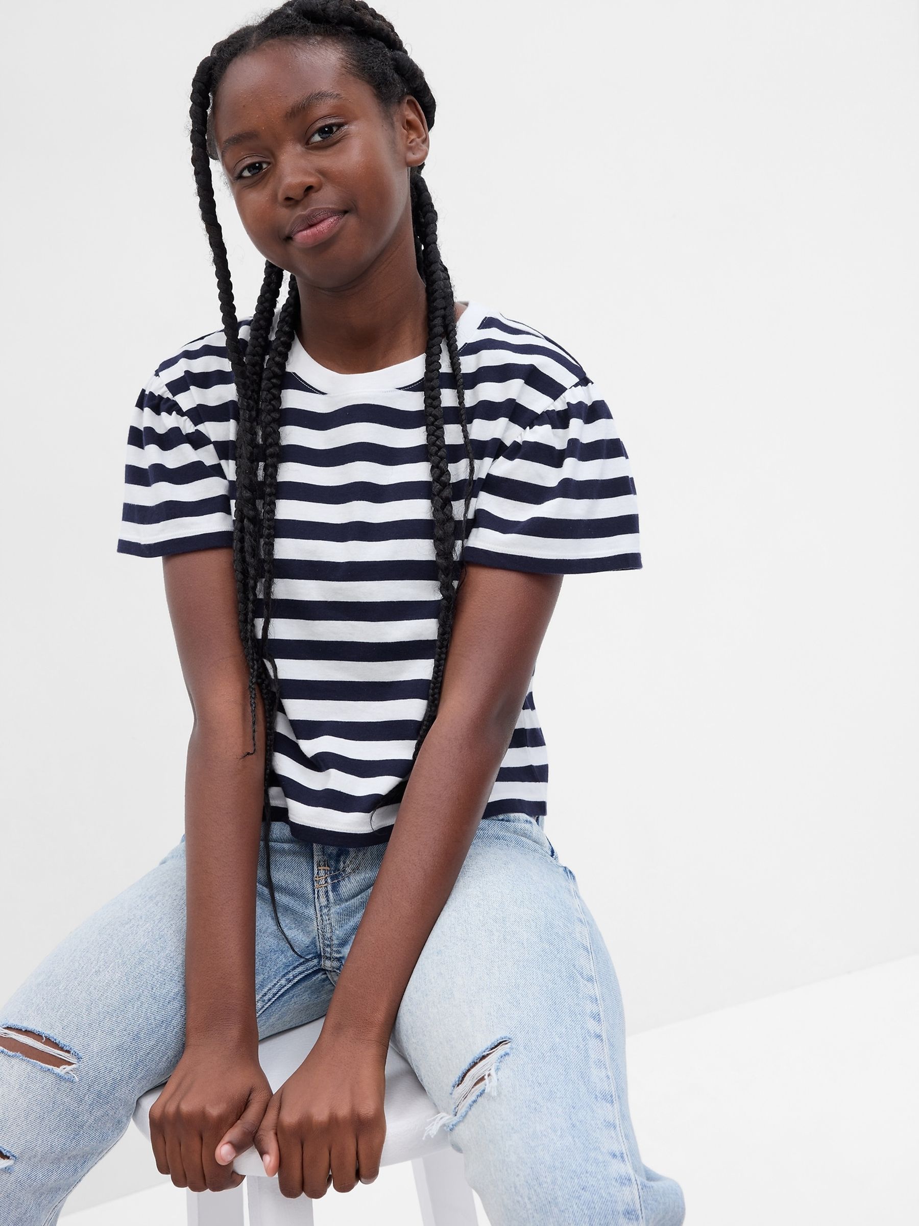 Blue Organic Cotton Flutter Short Sleeve Shirt - Image 1 of 4