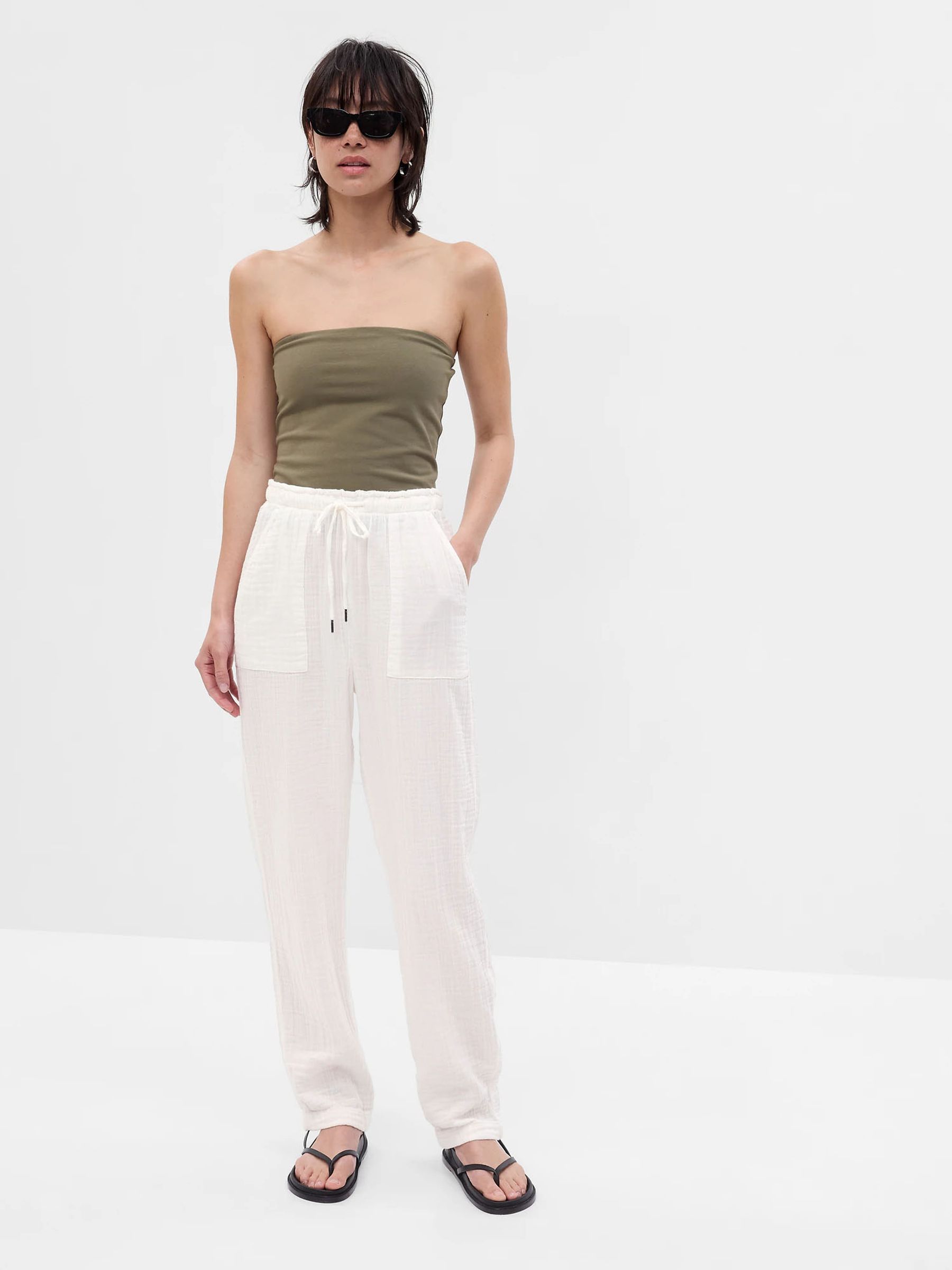 White Crinkle Gauze Loose Trousers - Image 1 of 3