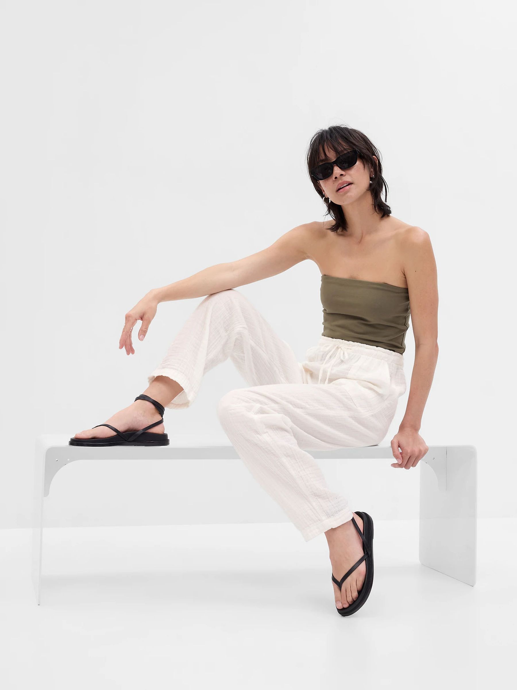 White Crinkle Gauze Loose Trousers - Image 3 of 3