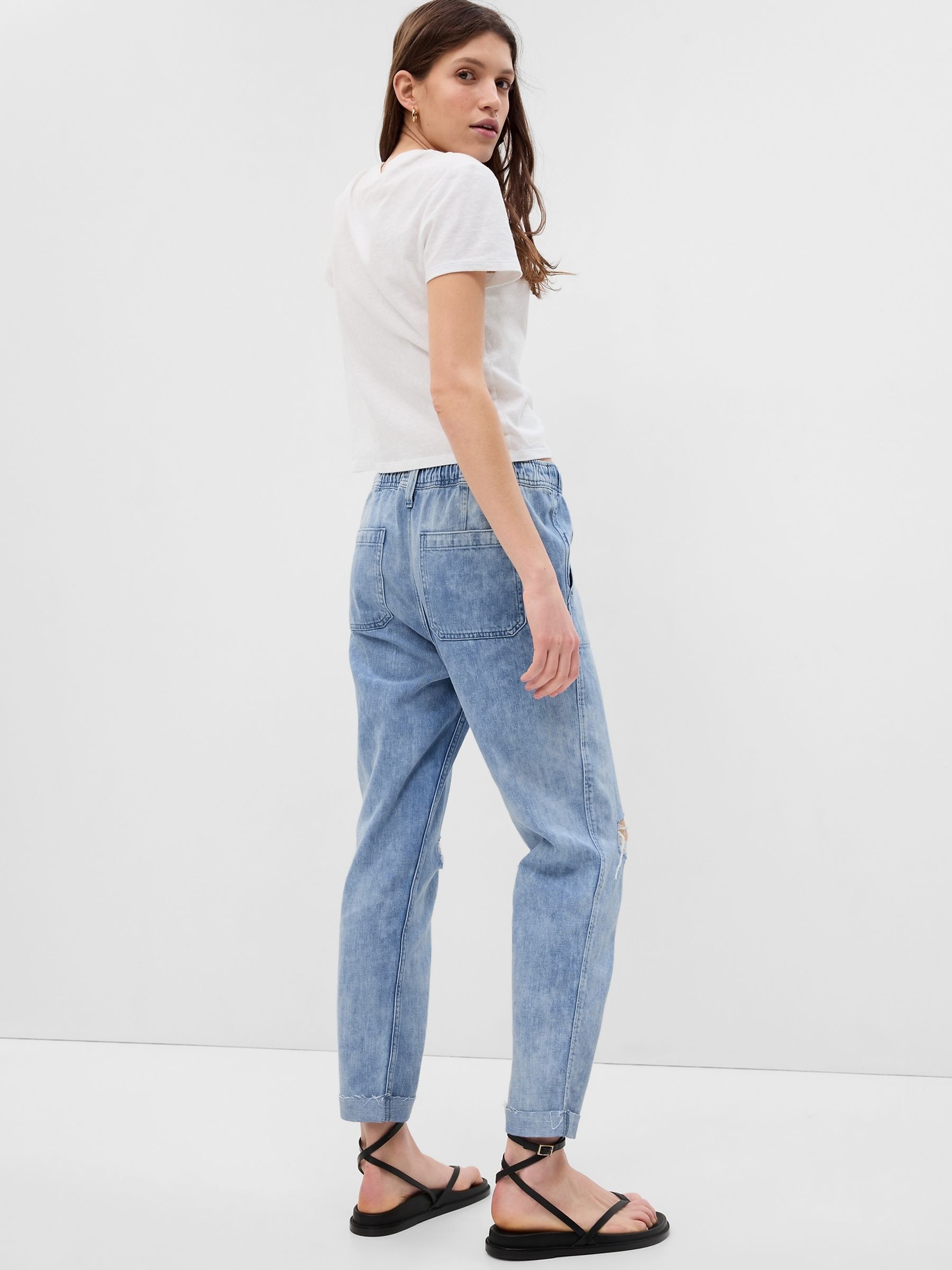 Blue Distressed Knee Mid Rise Pull On Easy Jeans - Image 2 of 6