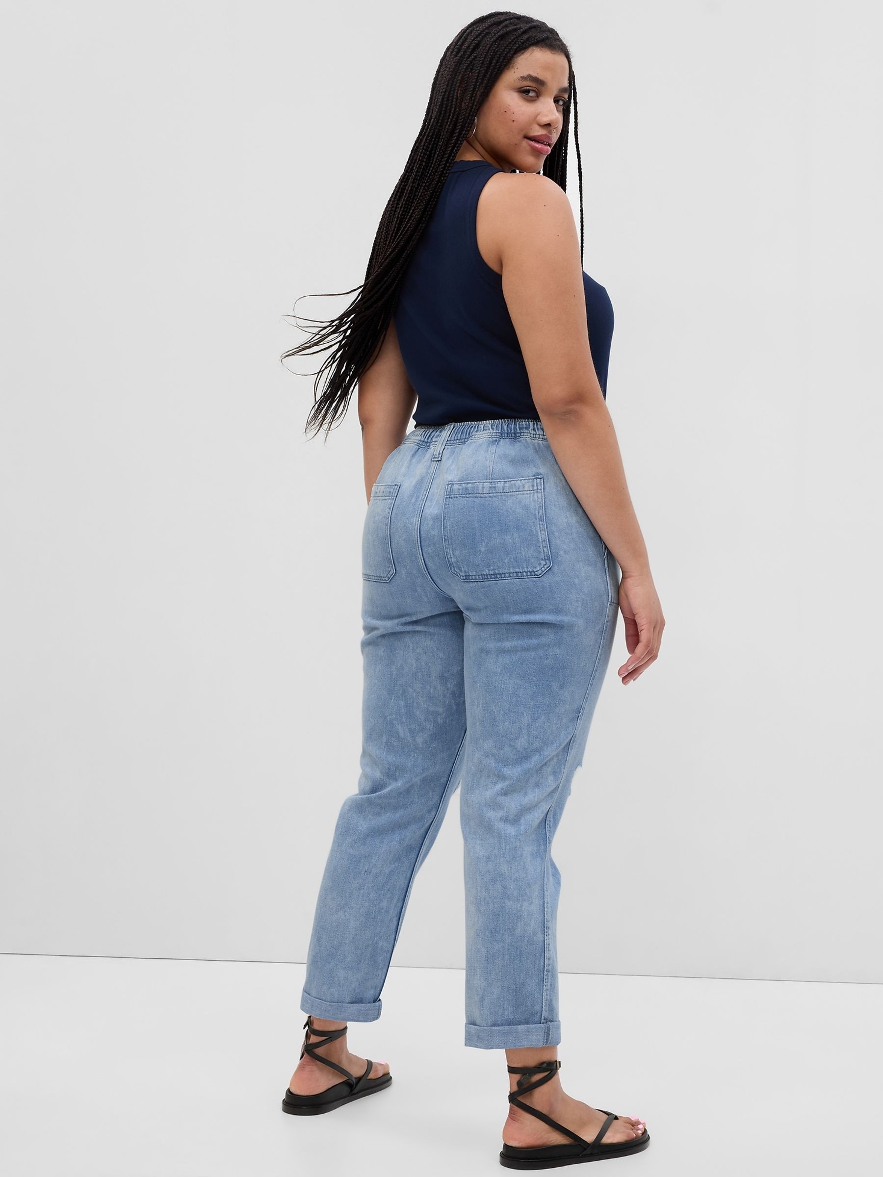 Blue Distressed Knee Mid Rise Pull On Easy Jeans - Image 4 of 6