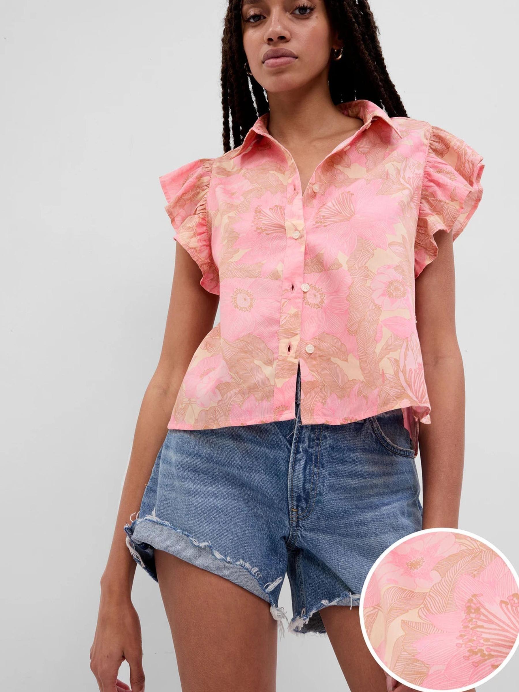 Pink Floral Ruffle Sleeve Cropped Shirt - Image 1 of 5