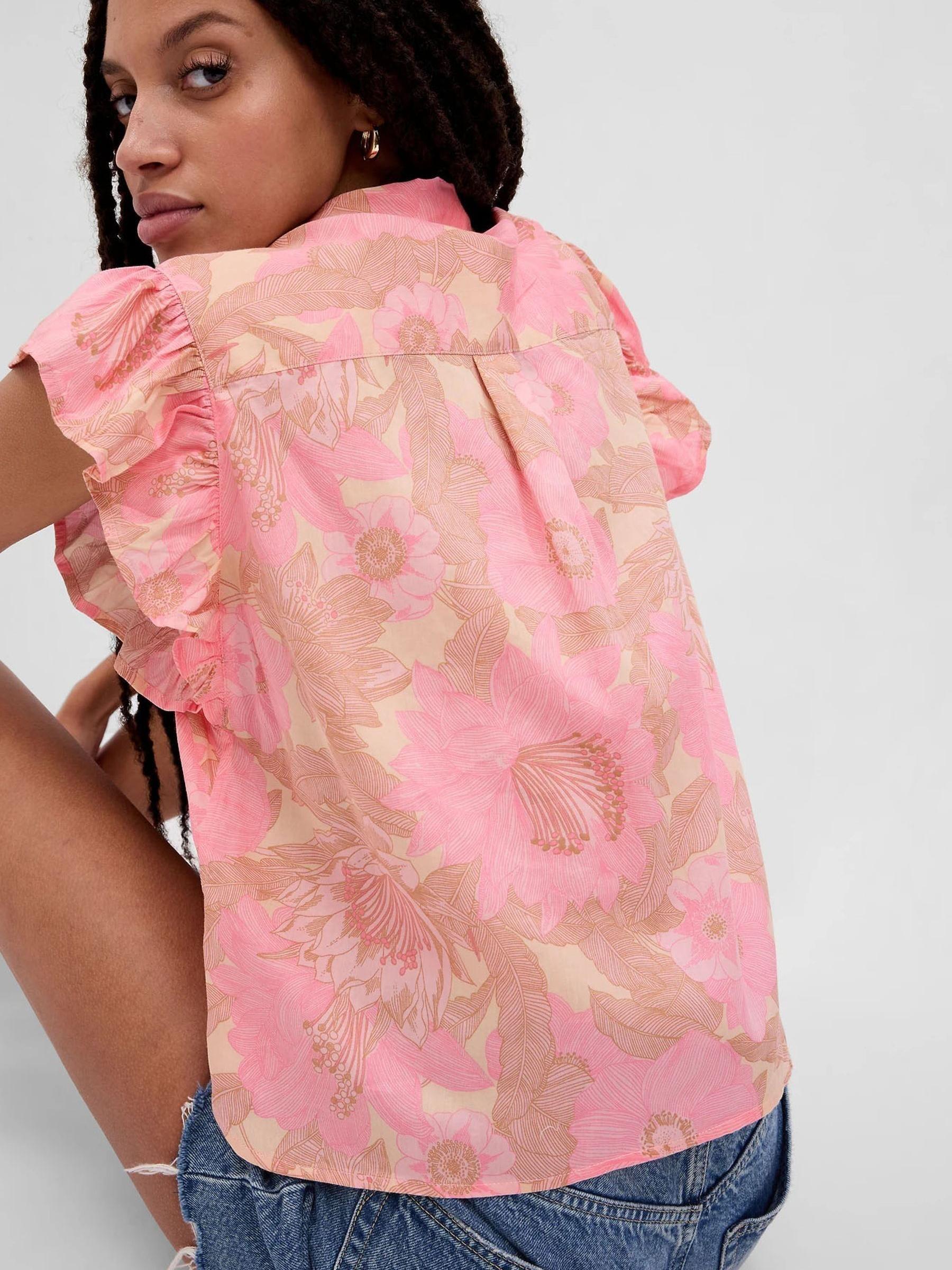 Pink Floral Ruffle Sleeve Cropped Shirt - Image 2 of 5