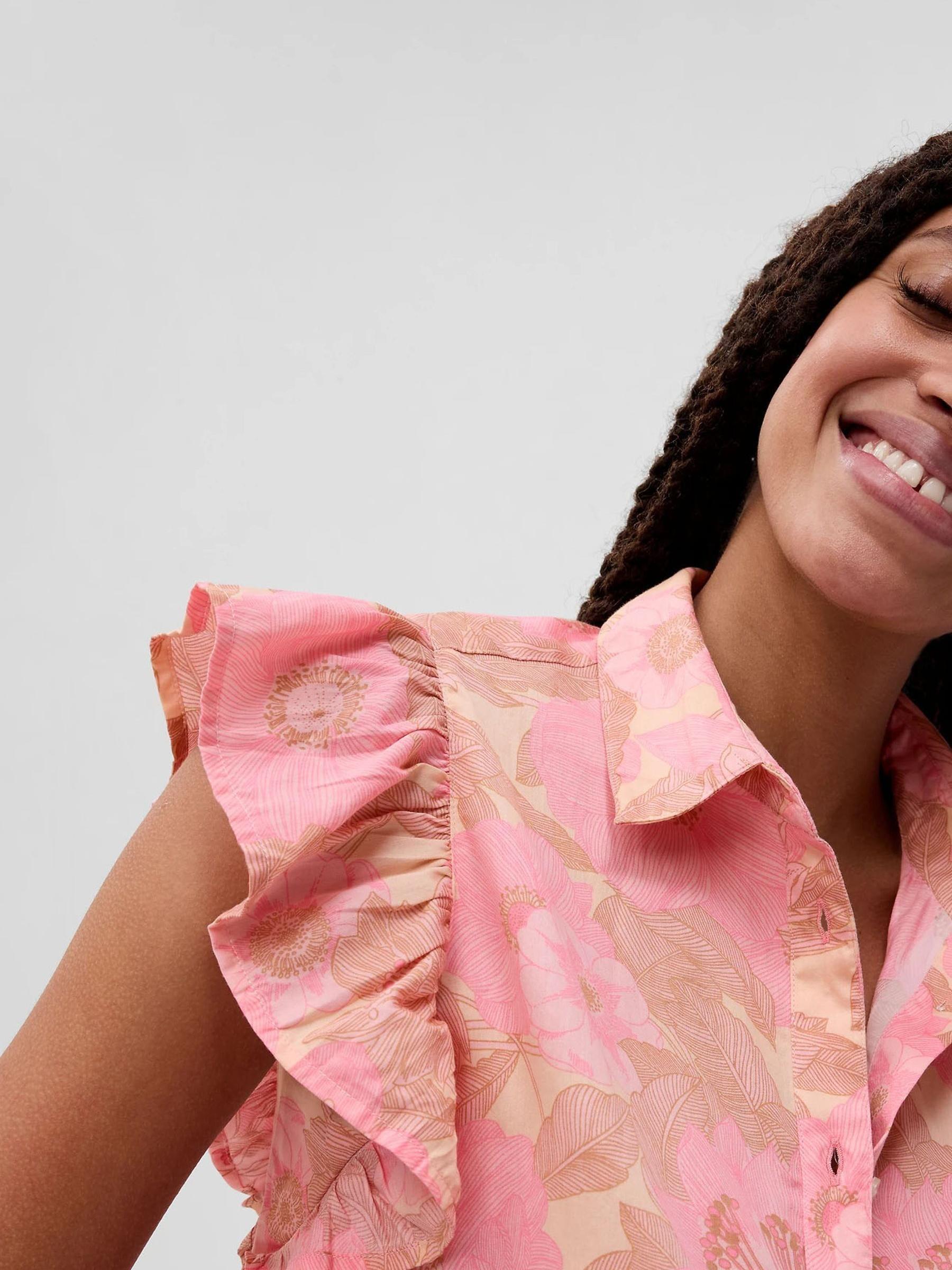 Pink Floral Ruffle Sleeve Cropped Shirt - Image 3 of 5