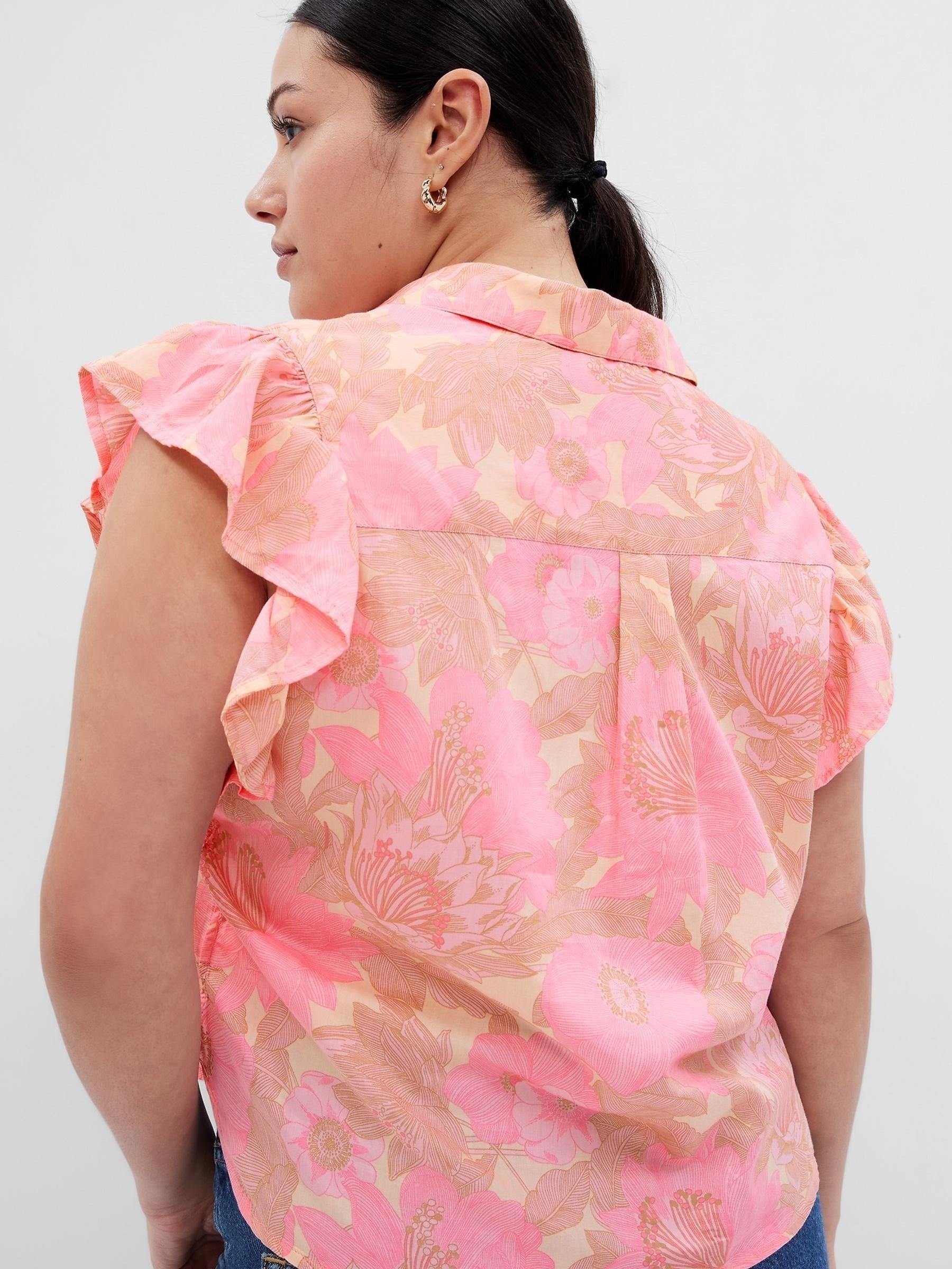 Pink Floral Ruffle Sleeve Cropped Shirt - Image 5 of 5