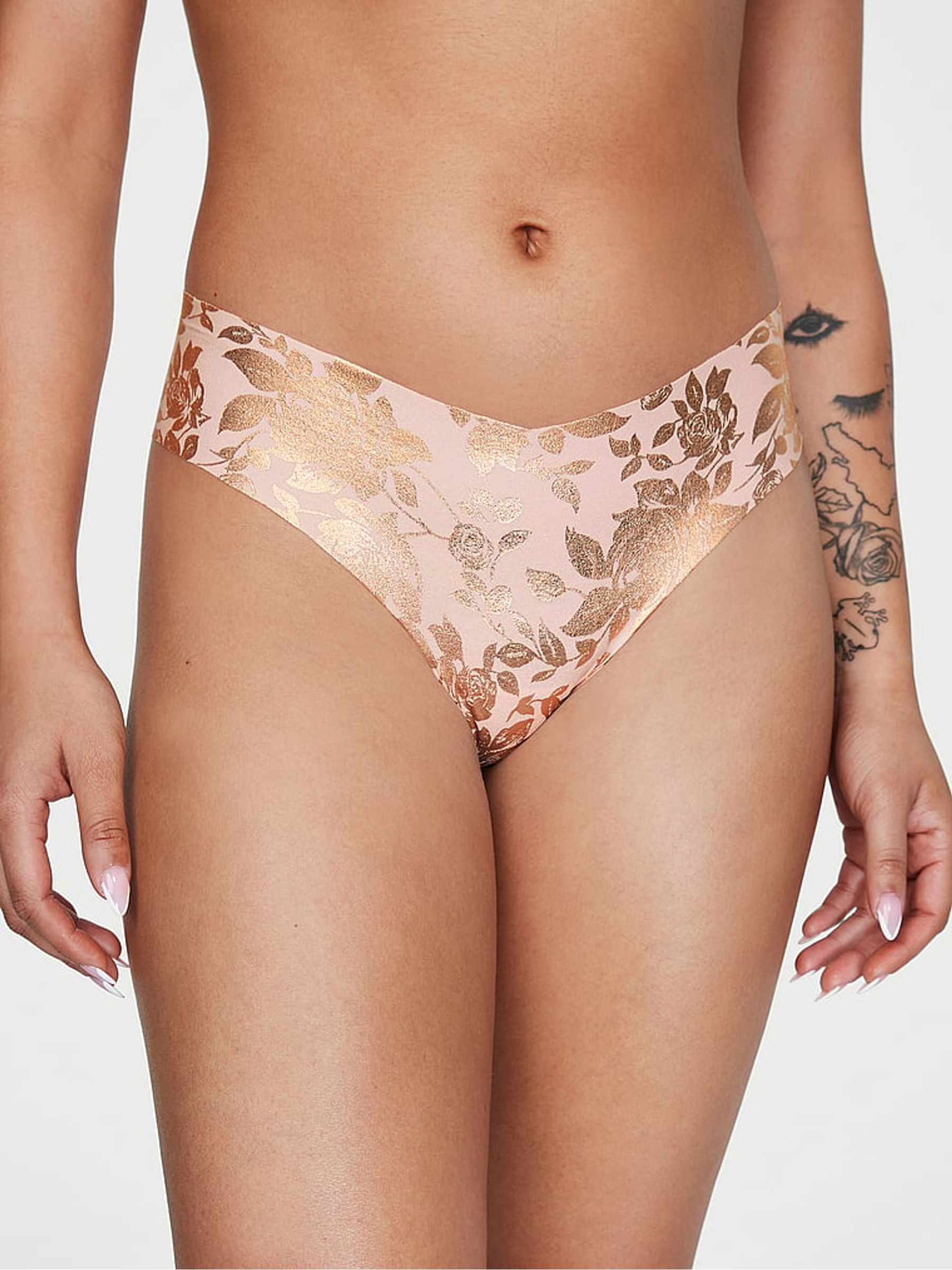 Purest Pink Foil Rose Print Thong No-Show Knickers - Image 1 of 1