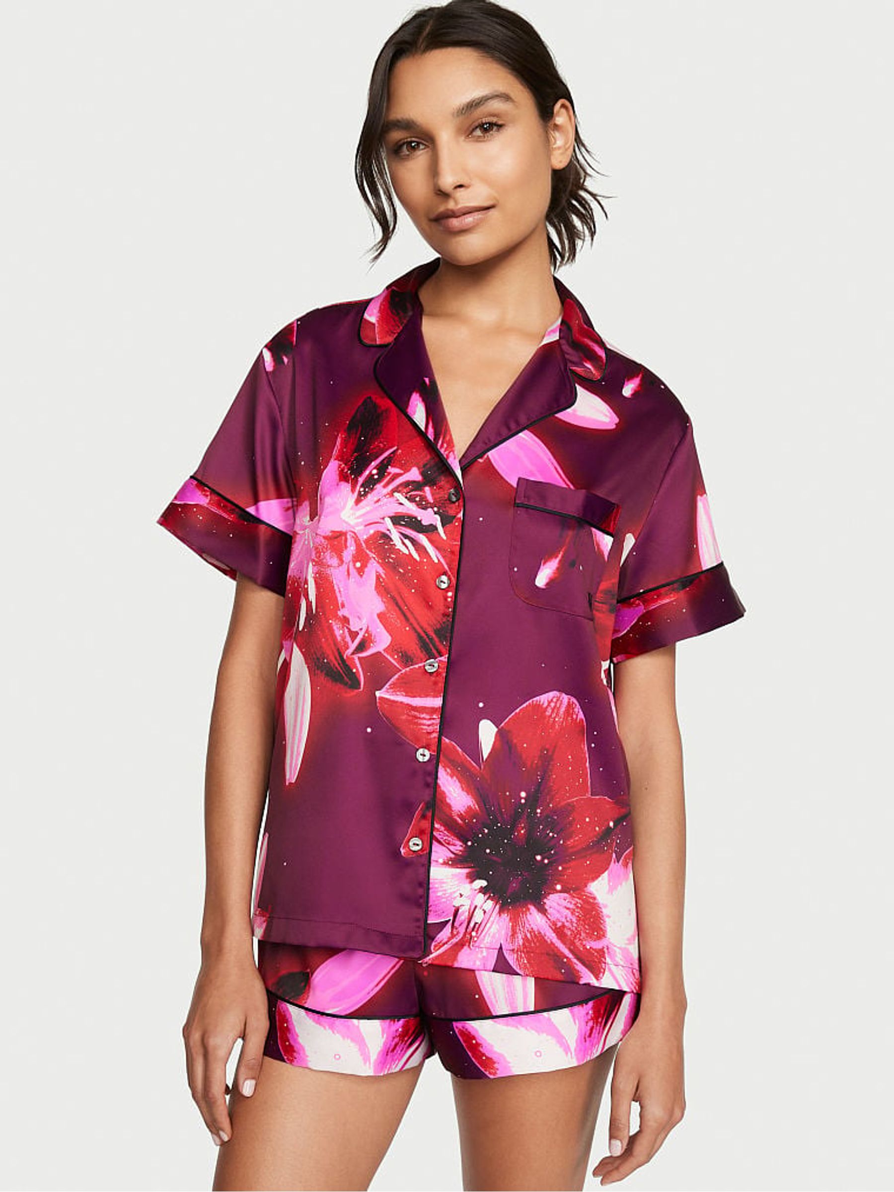 Floral Red Purple Satin Short Pyjamas - Image 1 of 3