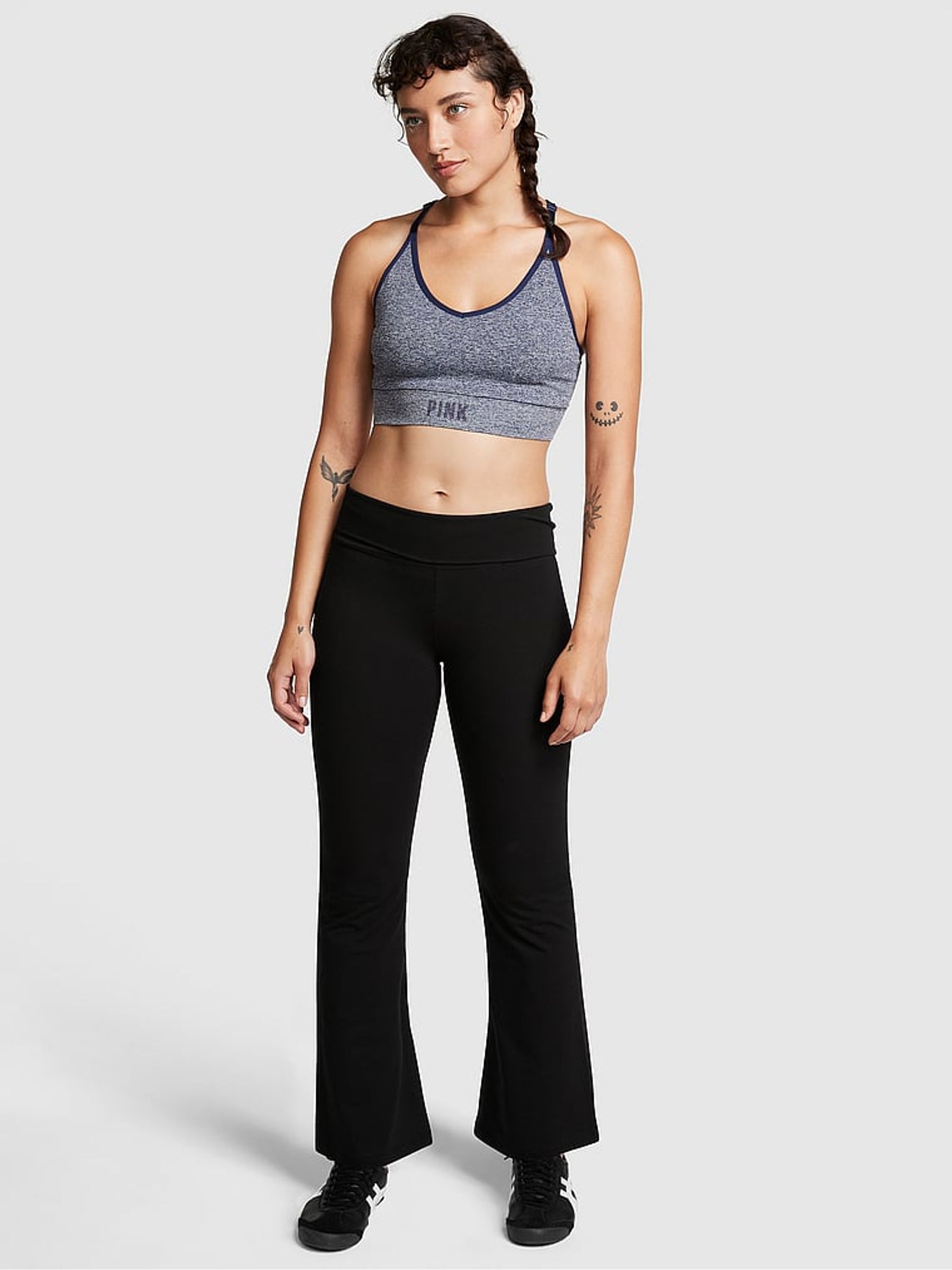 Pure Black Cotton Foldover Flare Legging - Image 1 of 3