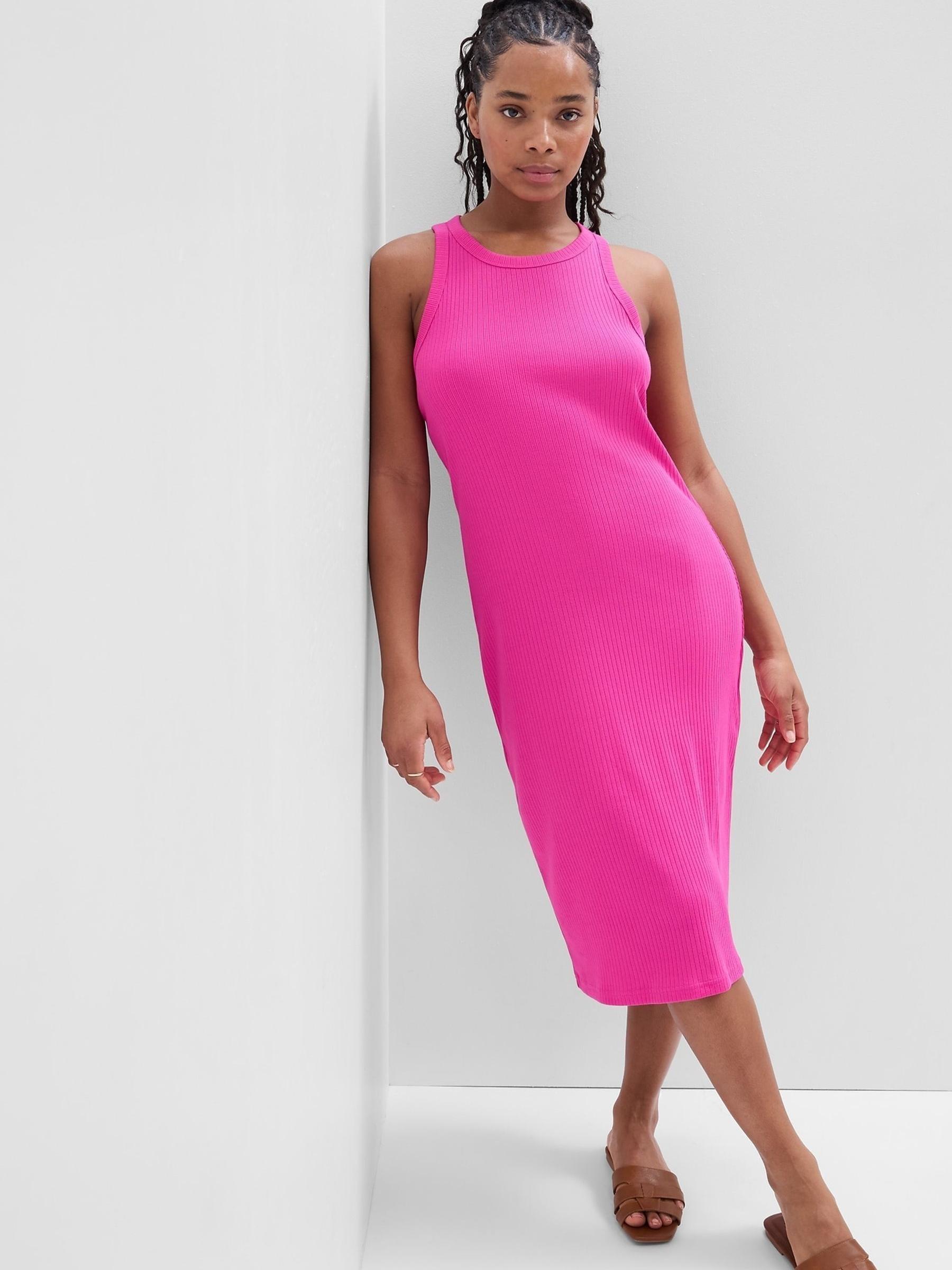 Pink Ribbed High Neck Tank Midi Dress - Image 1 of 1