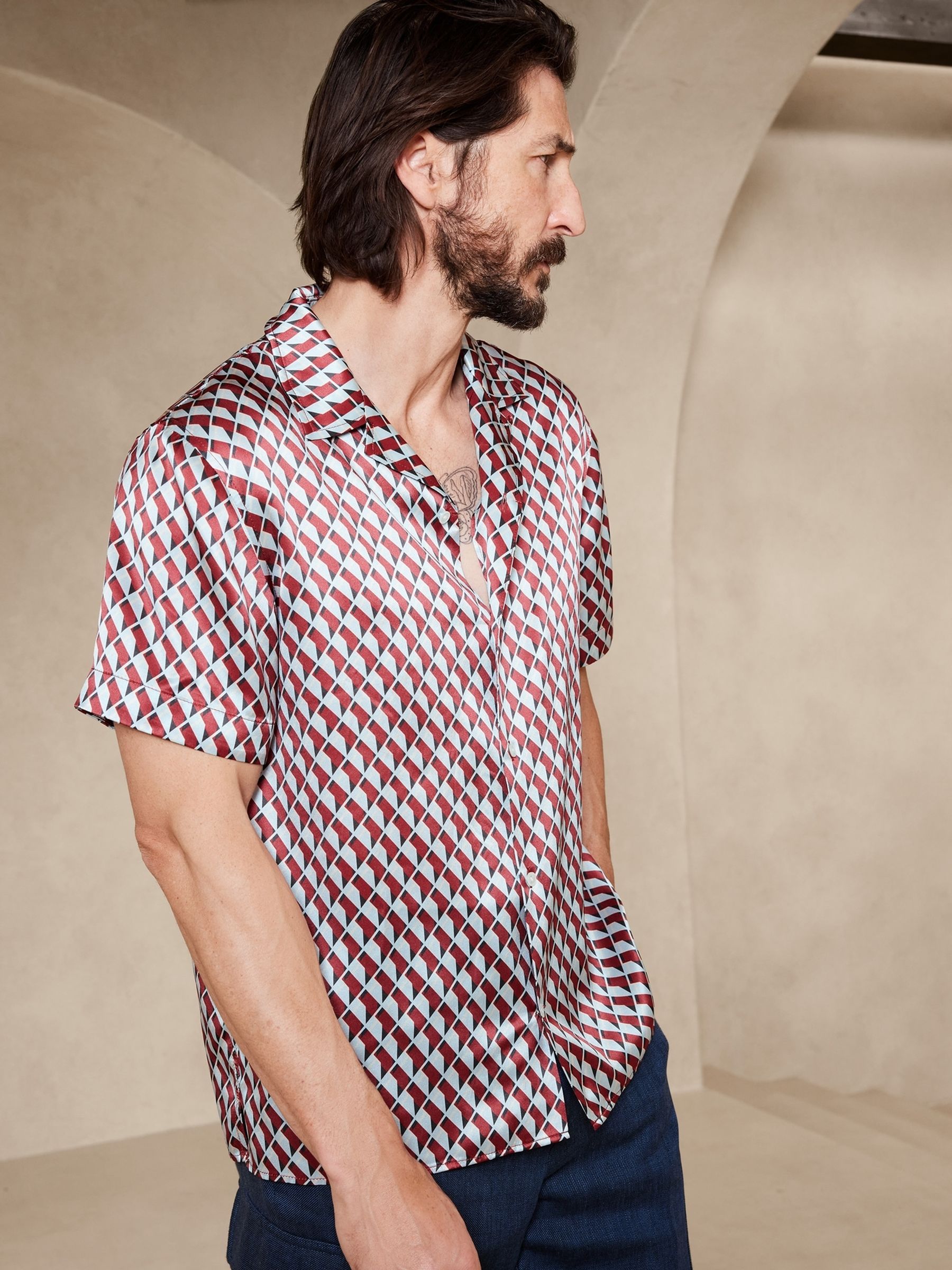 Banana Republic Red Timm Resort Silk Shirt - Image 1 of 4