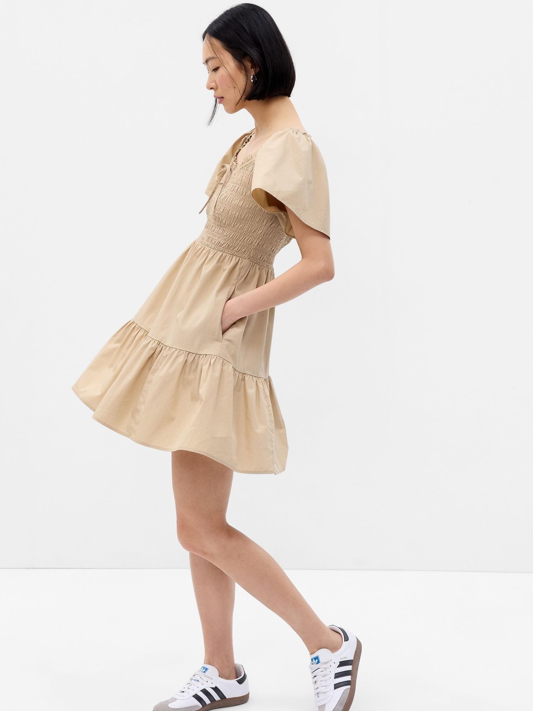 Neutral Flutter Sleeve Smocked Mini Dress - Image 1 of 2