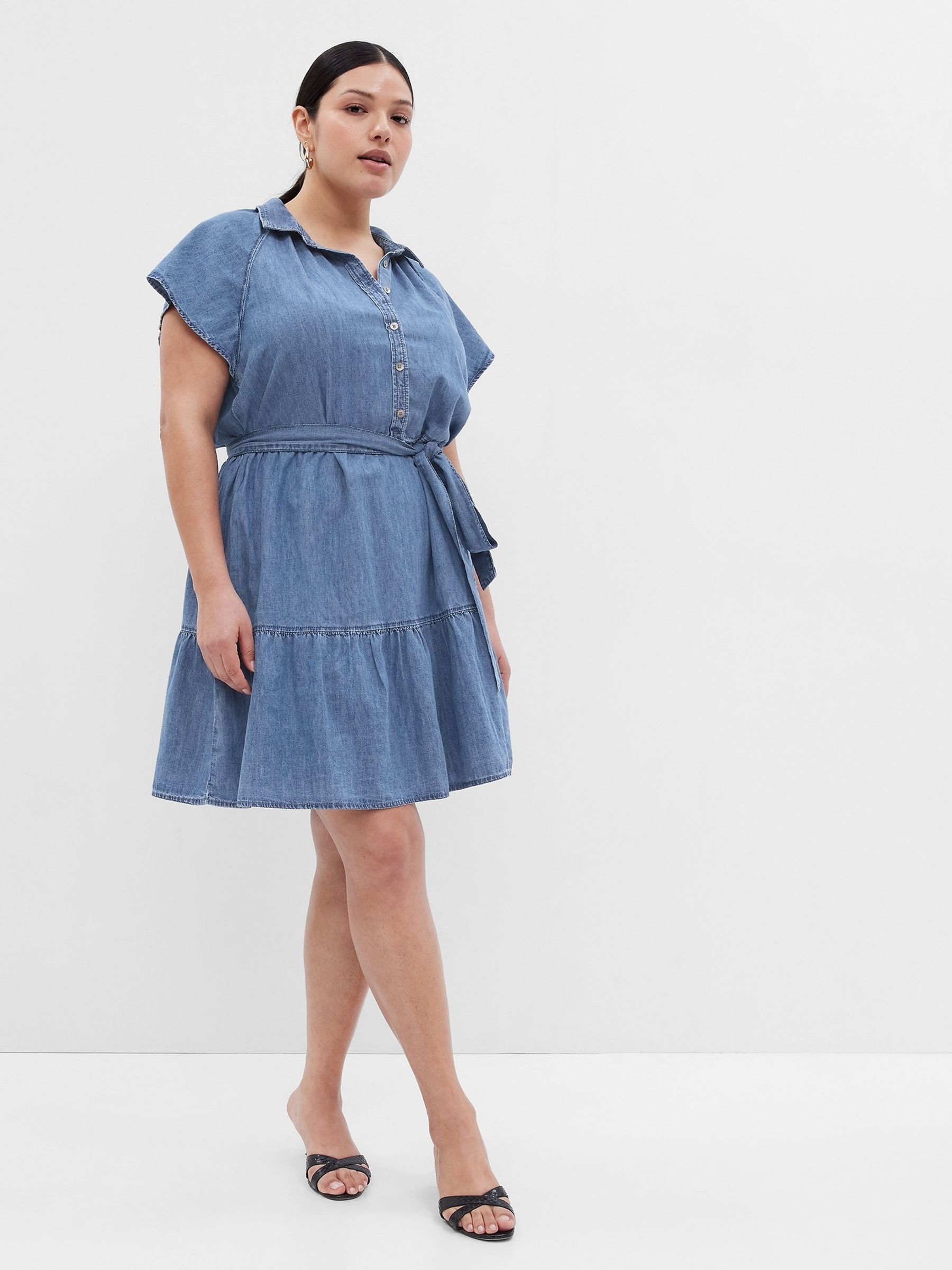 Blue Organic Cotton Denim Flutter Sleeve Mini Shirtdress - Image 1 of 5