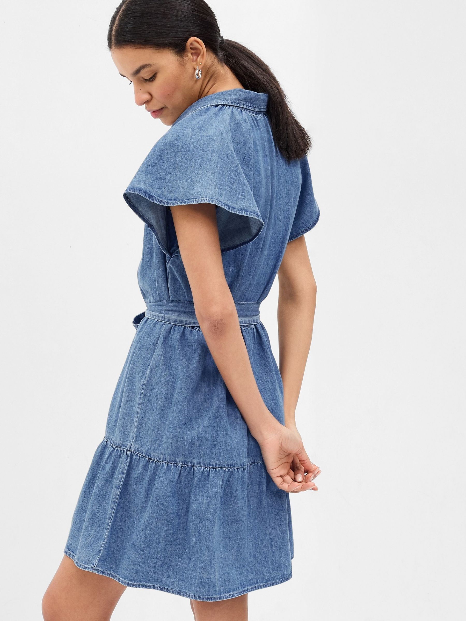 Blue Organic Cotton Denim Flutter Sleeve Mini Shirtdress - Image 3 of 5