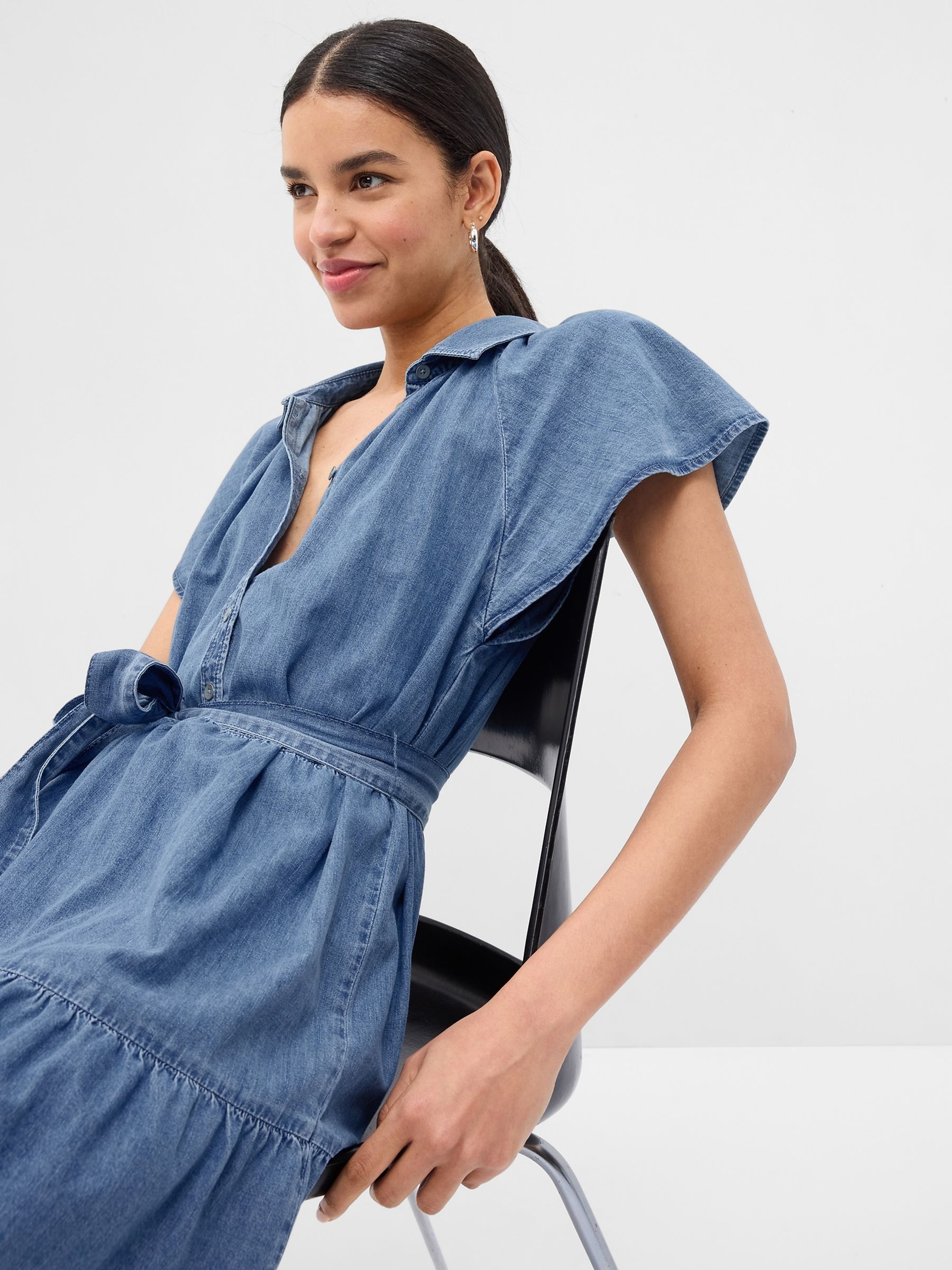 Blue Organic Cotton Denim Flutter Sleeve Mini Shirtdress - Image 4 of 5