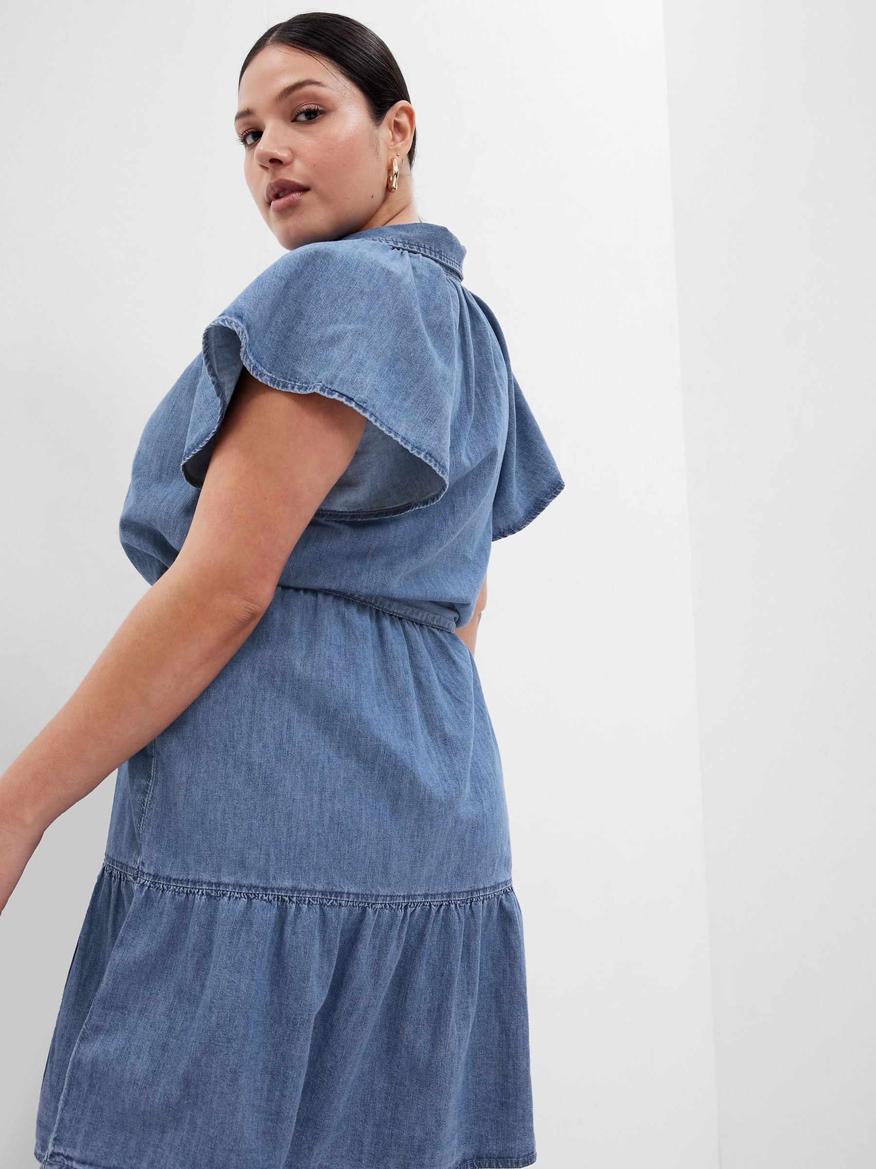 Blue Organic Cotton Denim Flutter Sleeve Mini Shirtdress - Image 5 of 5