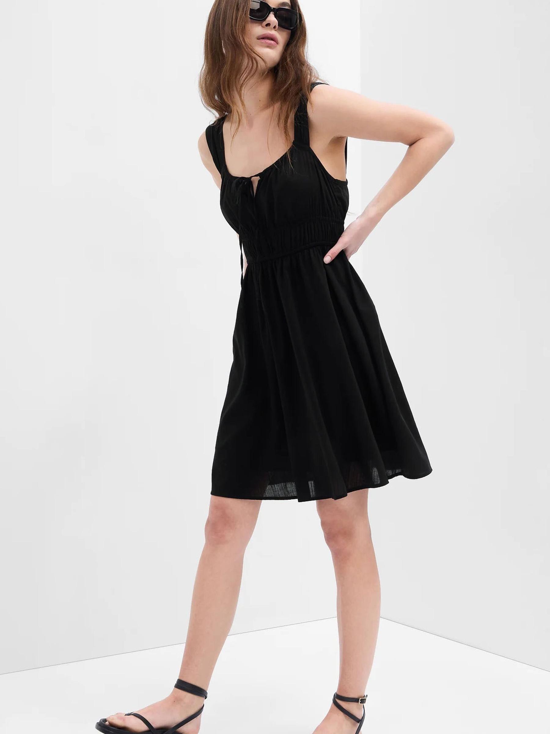 Black Tie-Neck Smocked Mini Dress - Image 3 of 5