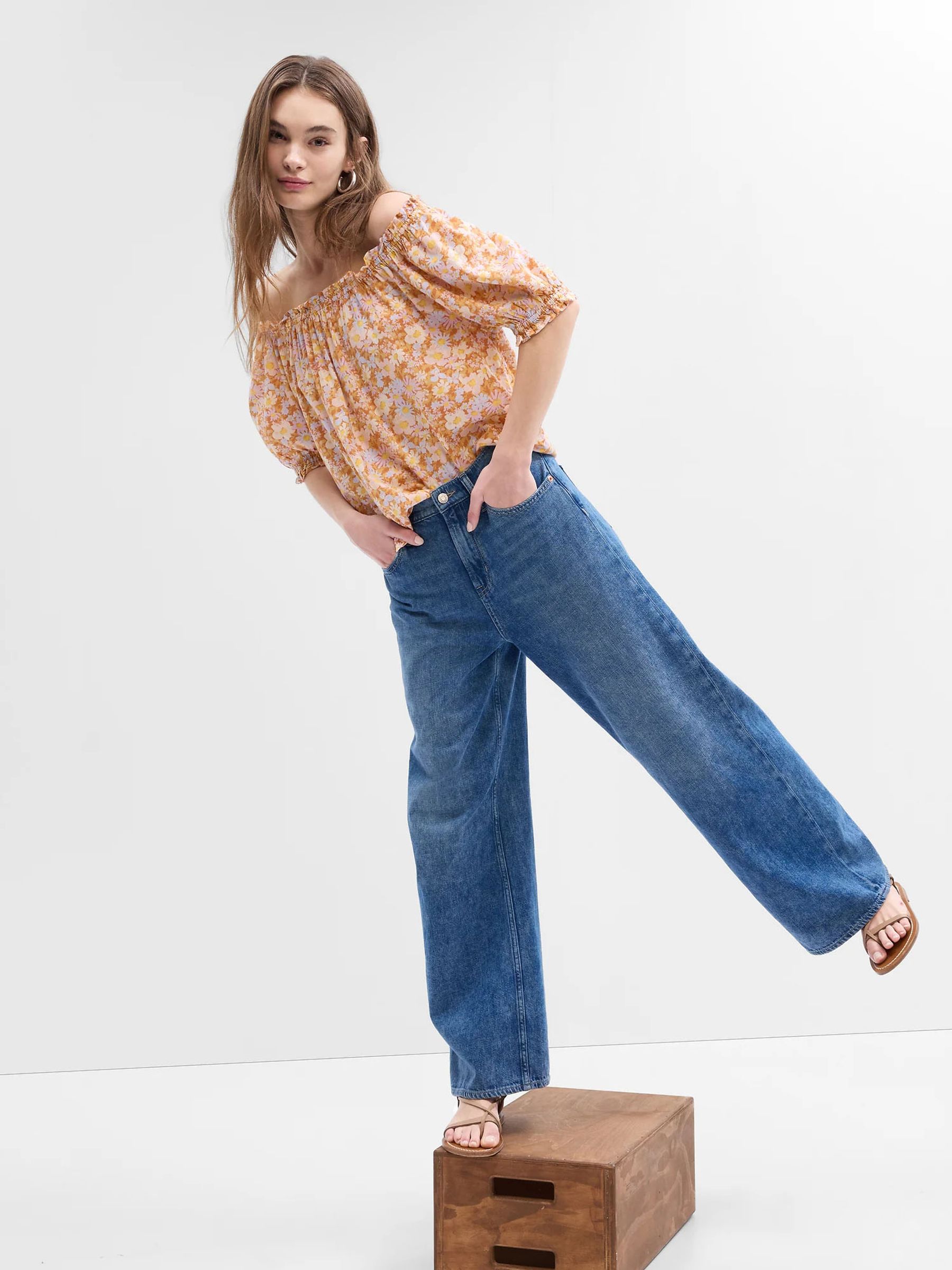 Yellow Floral Relaxed Print Boatneck Puff Sleeve Top - Image 1 of 1