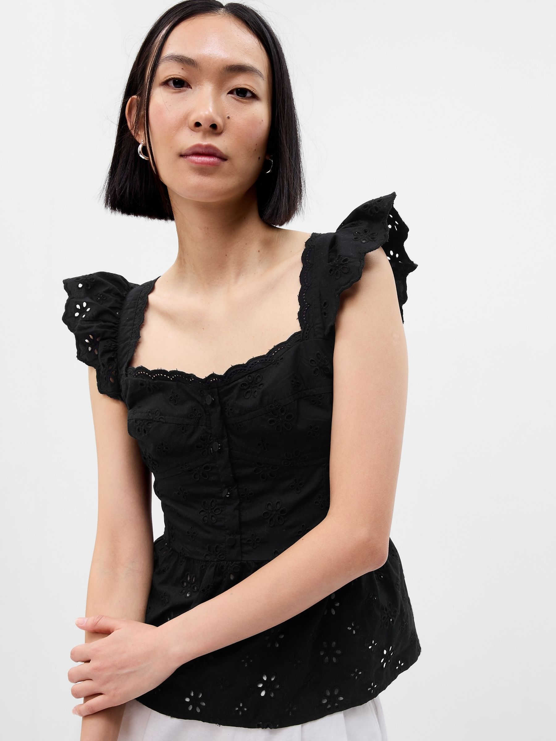 Black Eyelet Corset Peplum Top - Image 1 of 2