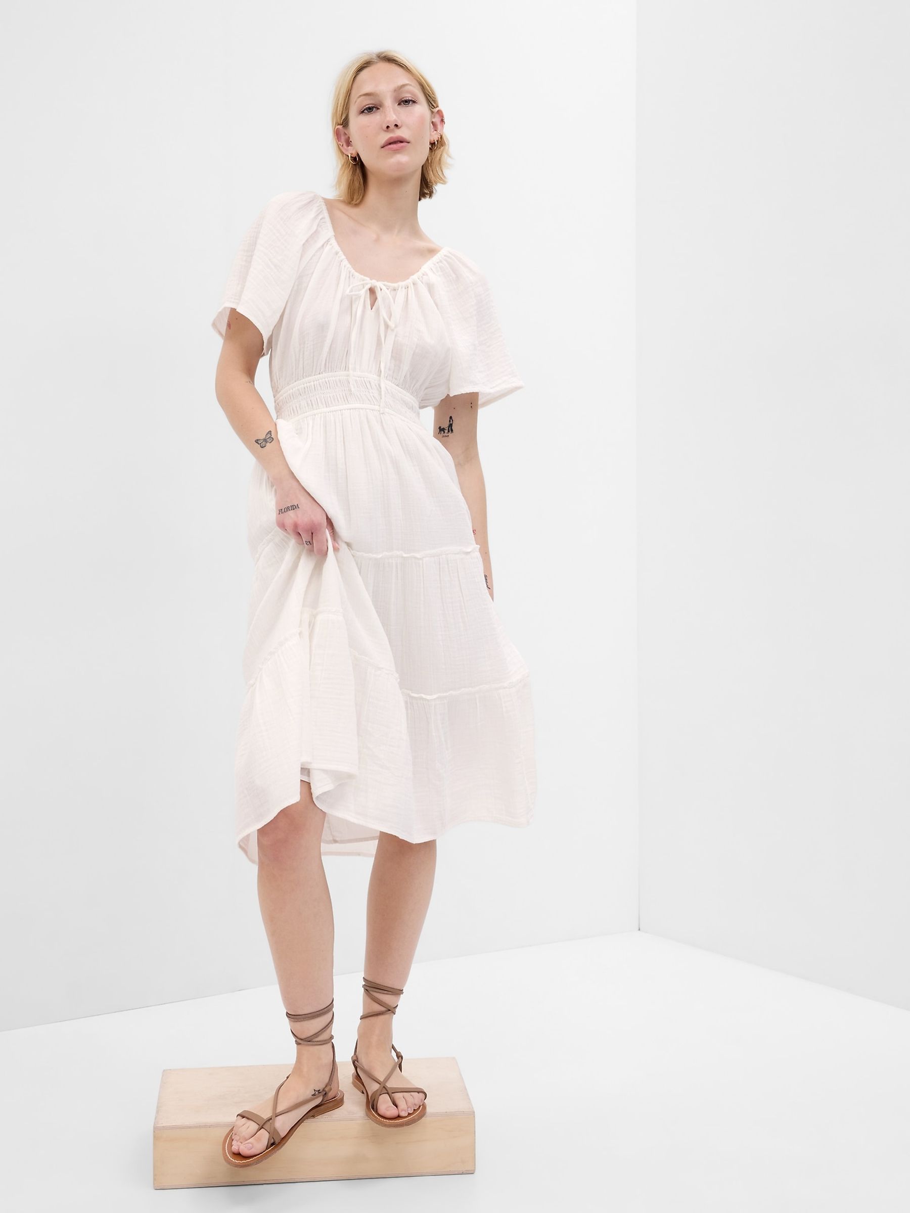 White Crinkle Gauze Tiered Midi Dress - Image 1 of 2