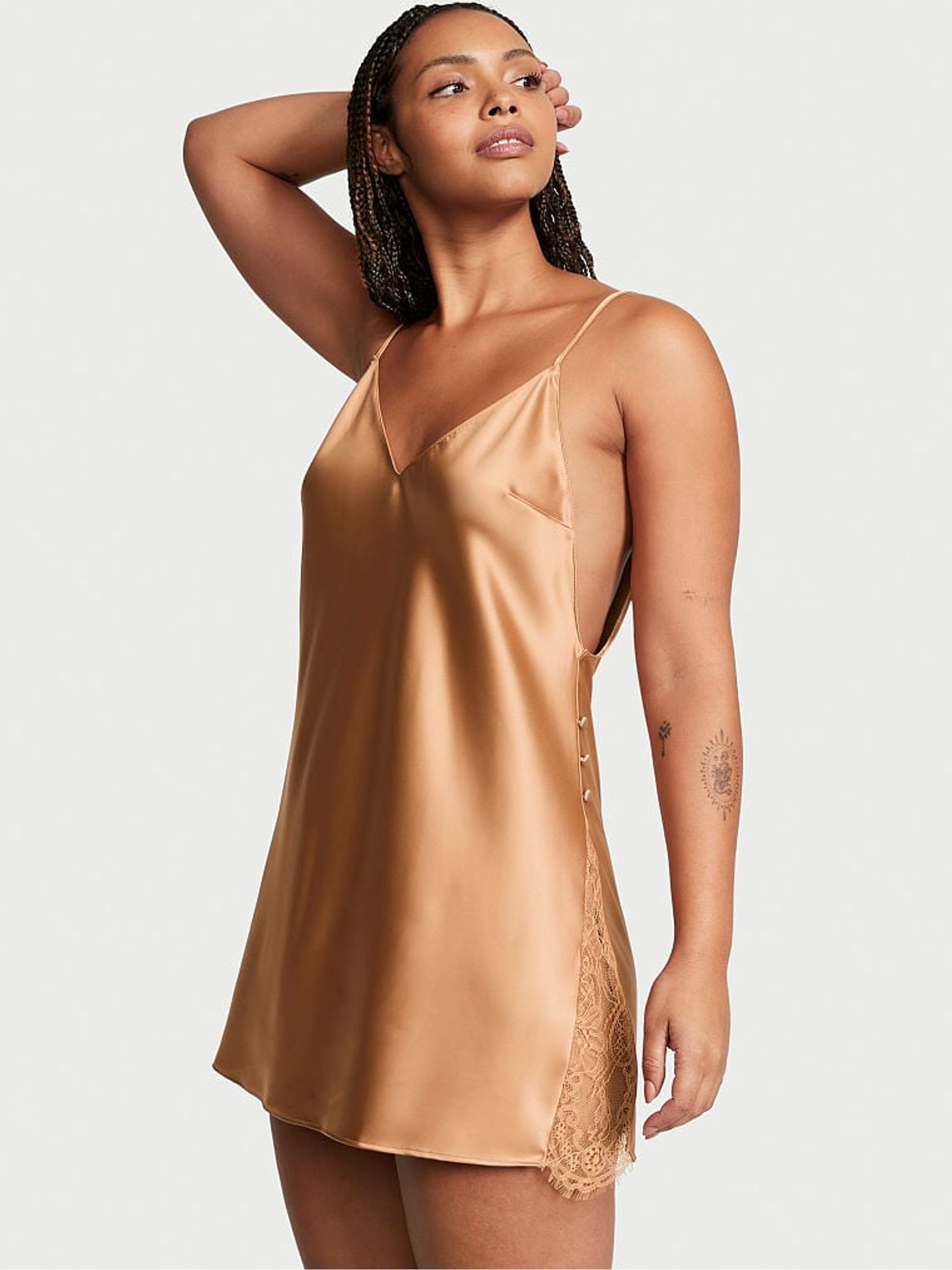 Honey Glow Nude Satin Plunge Button Side Slip - Image 1 of 3