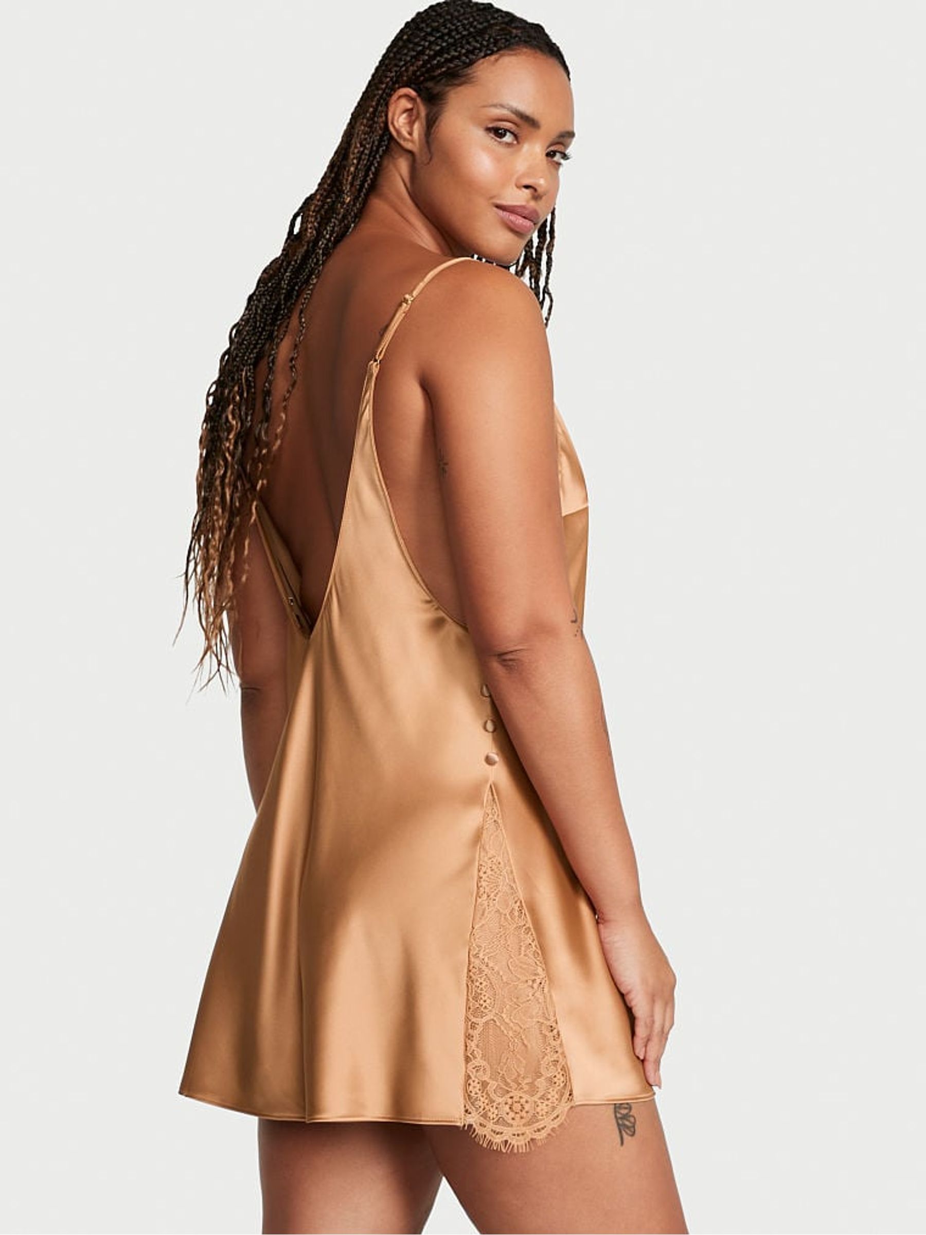 Honey Glow Nude Satin Plunge Button Side Slip - Image 2 of 3