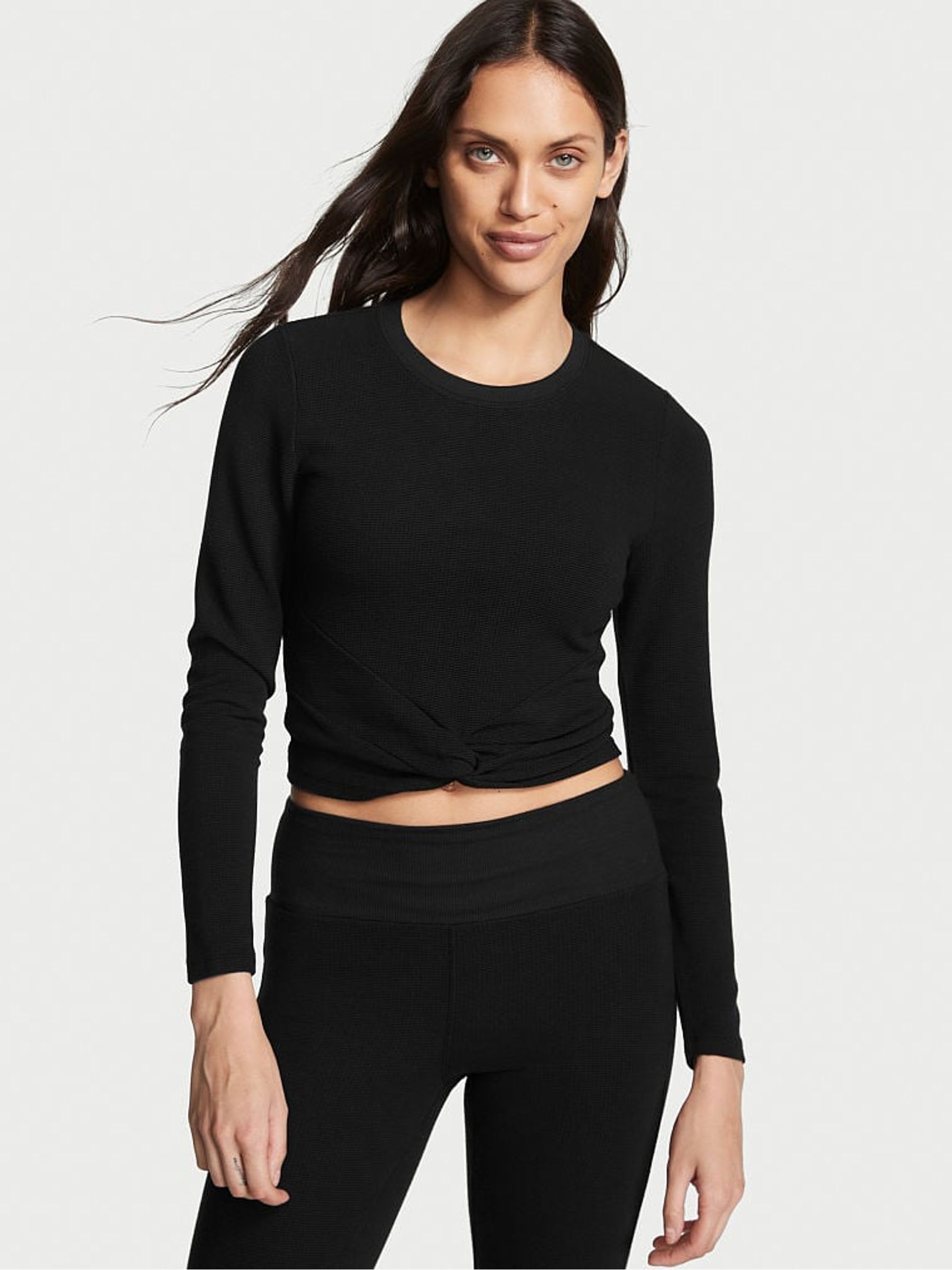 Pure Black Double Knit Waffle Twist Top - Image 1 of 3